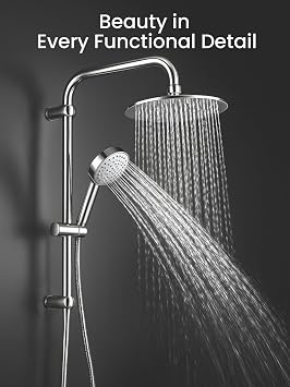 CROWNSHOP Round Shower Set Twin Head Rainfall Riser Rail Handheld Kit