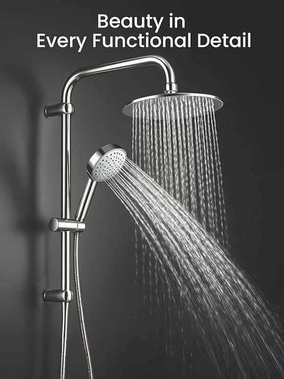 CROWNSHOP Round Shower Set Twin Head Rainfall Riser Rail Handheld Kit