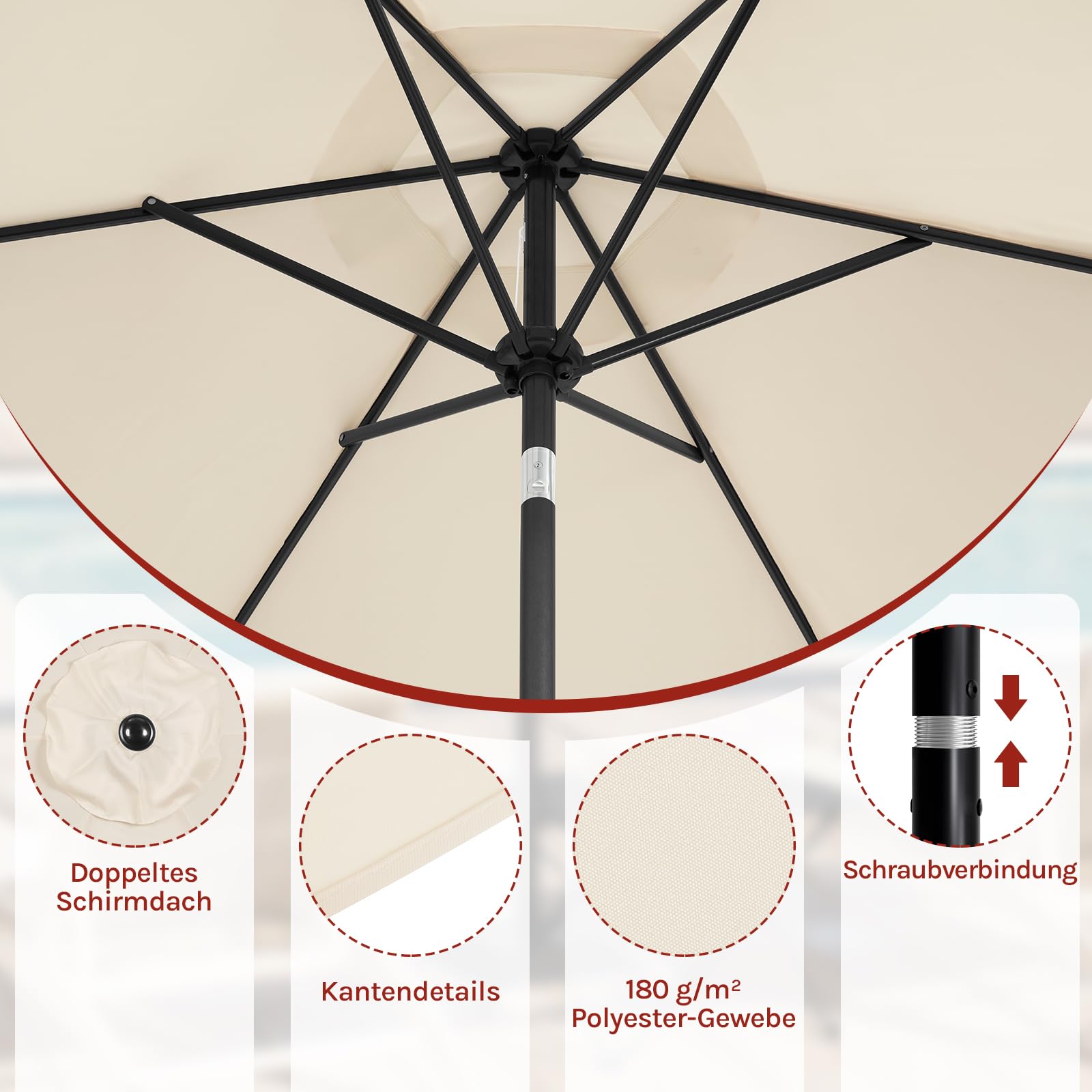 WOLTU Sonnenschirm φ270cm, Balkonschirm Strandschirm UV-beständig Wasserdicht, 45° knickbar, mit Handkurbel Tragetasche, für Balkon Garten Terrasse Pool, Sechseckig, Beige