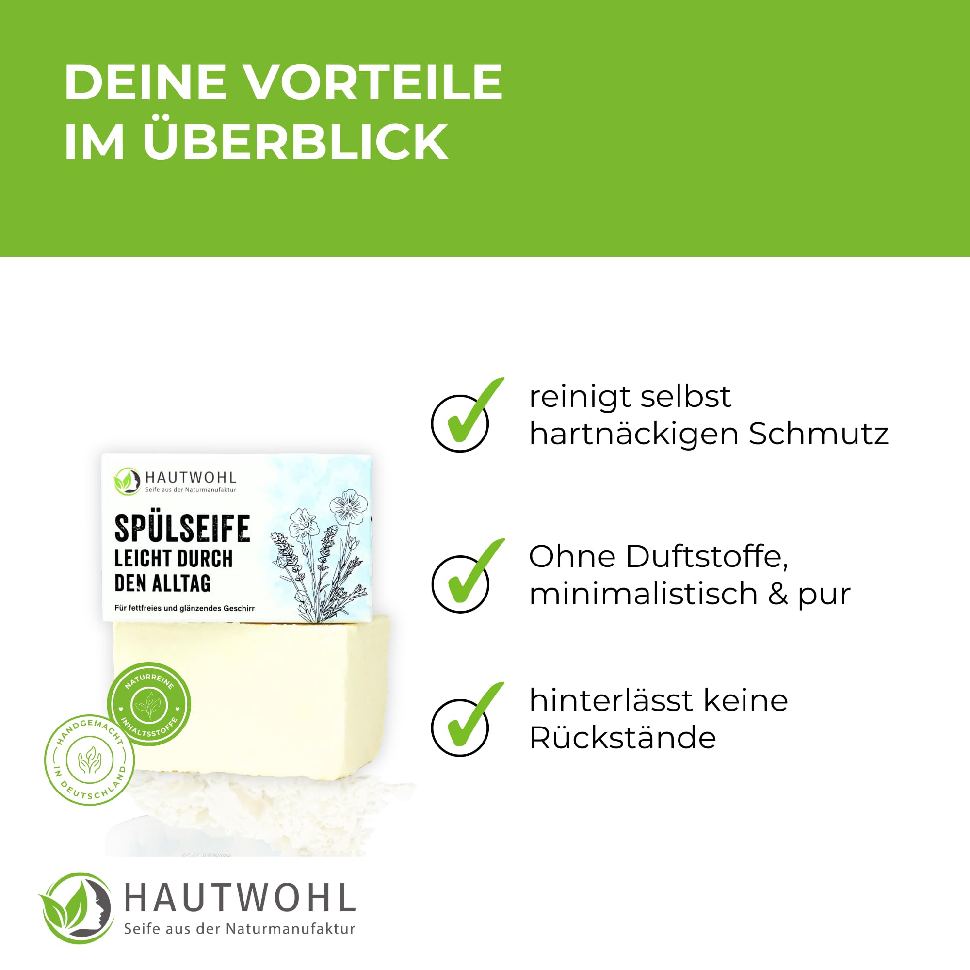 Feste Spülseife für glänzendes Geschirr - Handgemacht in Deutschland, vegan, duftstofffrei, palmölfrei, biologisch abbaubar & plastikfrei