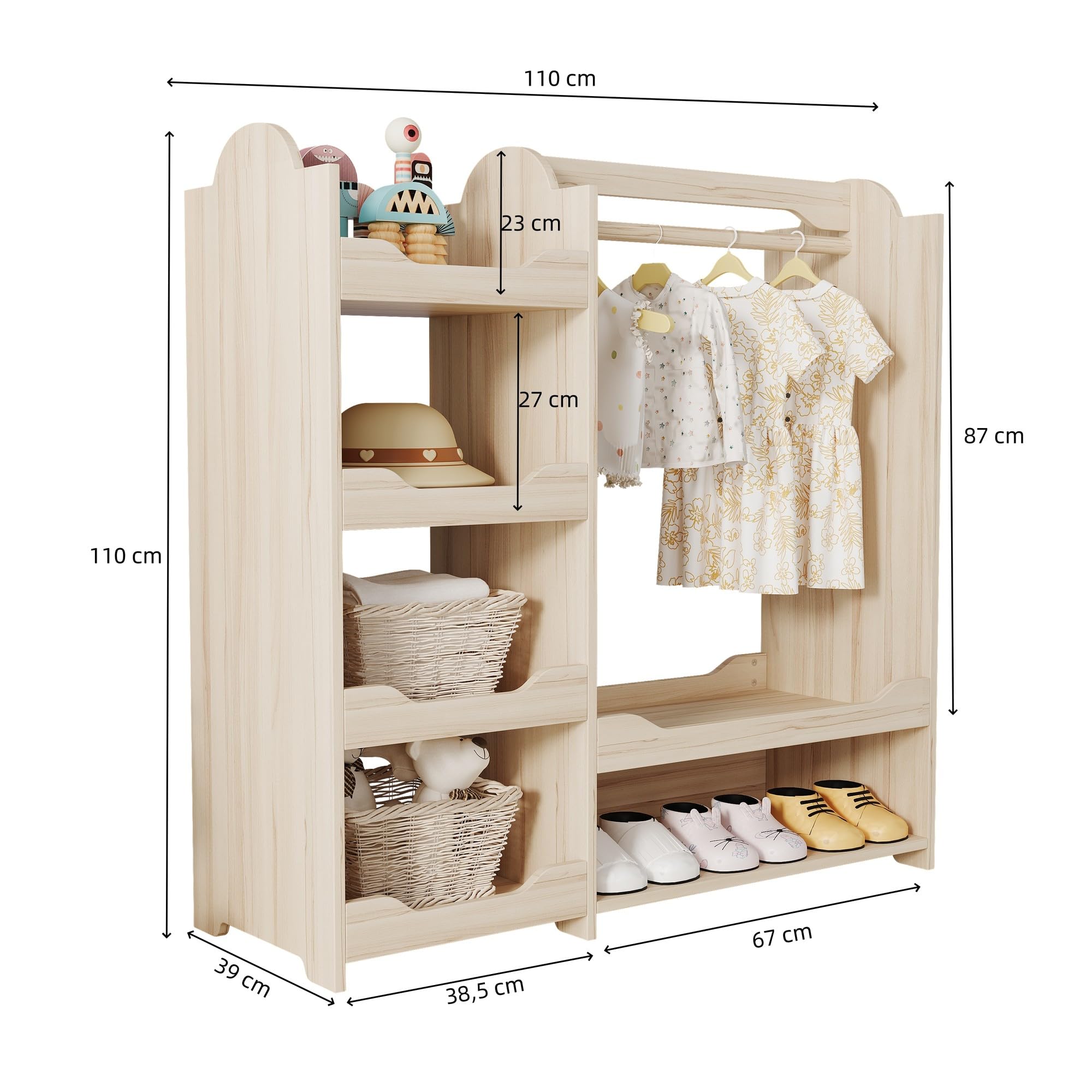 Garderoba dziecięca z drążkiem na ubrania i 4 półkami, naturalne drewno, MDF, 110 x 39 x 110 cm, do pokoju dziecięcego