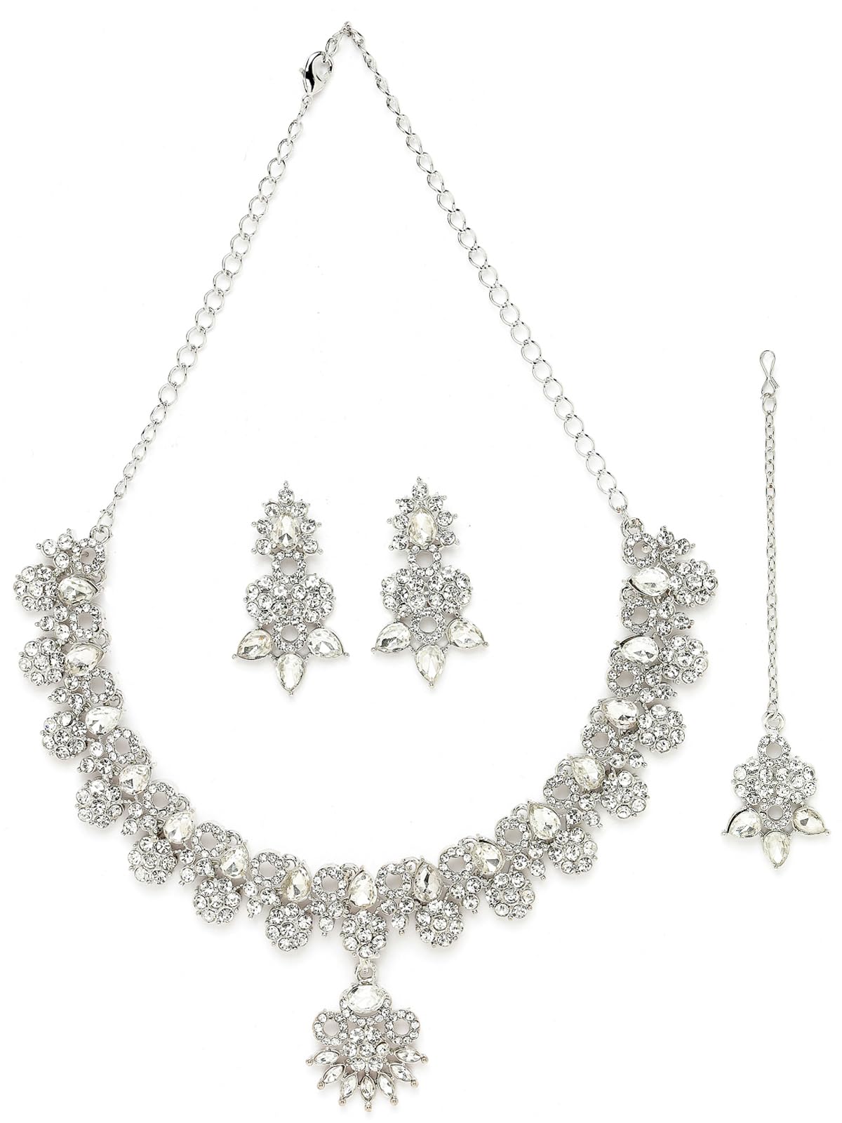 Sukkhi Sensational Rhodium Plated Silver AD White Stone Floral Collar Bone Necklace Set With Earring And Maangtika | Jewellery Set For Women (NS105548) (B0CBBCQ41Q) Amazon Price History, Amazon Price Tracker