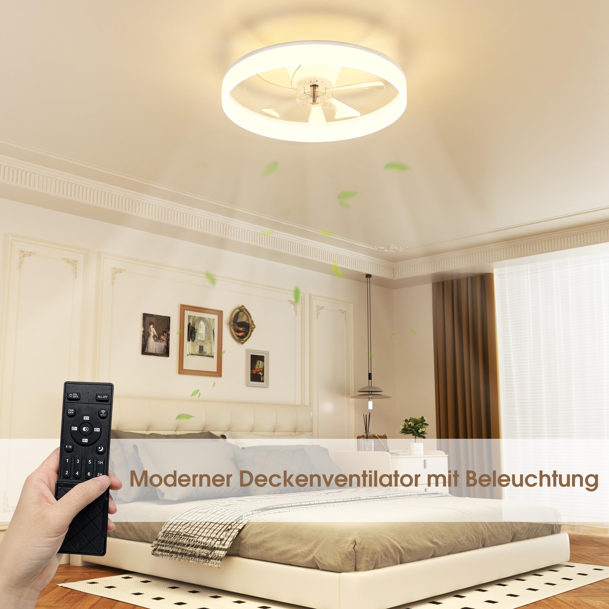 NIORSUN Deckenventilator mit Beleuchtung und Fernbedienung, 6 Geschwindigkeiten, dimmbares Lampe mit Ventilator, Leise Deckenlampe mit Ventilator für Schlafzimmer, Wohnzimmer (40cm, Weiß)