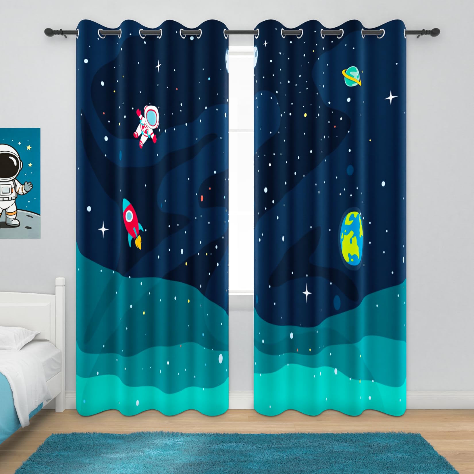 YONGFOTO Vorhang Weltraum Kinderzimmer Universum Galaxie Rakete Planeten Astronaut Weltall Verdunklungsvorhänge Kinderzimmer Junge mit Ösen Marineblau 2 Stück 117 x 183 cm