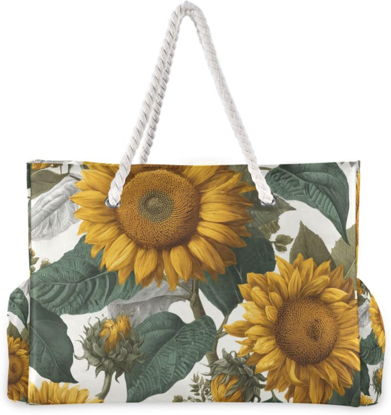 OTVEE Sunflower with Green Leaves Beach Bags for Women Ladies Large Canvas Tote Shoulder Bag Waterproof Travel Bags for Gym Swim Pool Camping