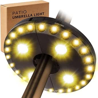 OYOCO Patio Umbrella Light 3 Brightness Modes Cordless,with 28 Warm White LEDs-4 * AA Battery Operated Umbrella Lights