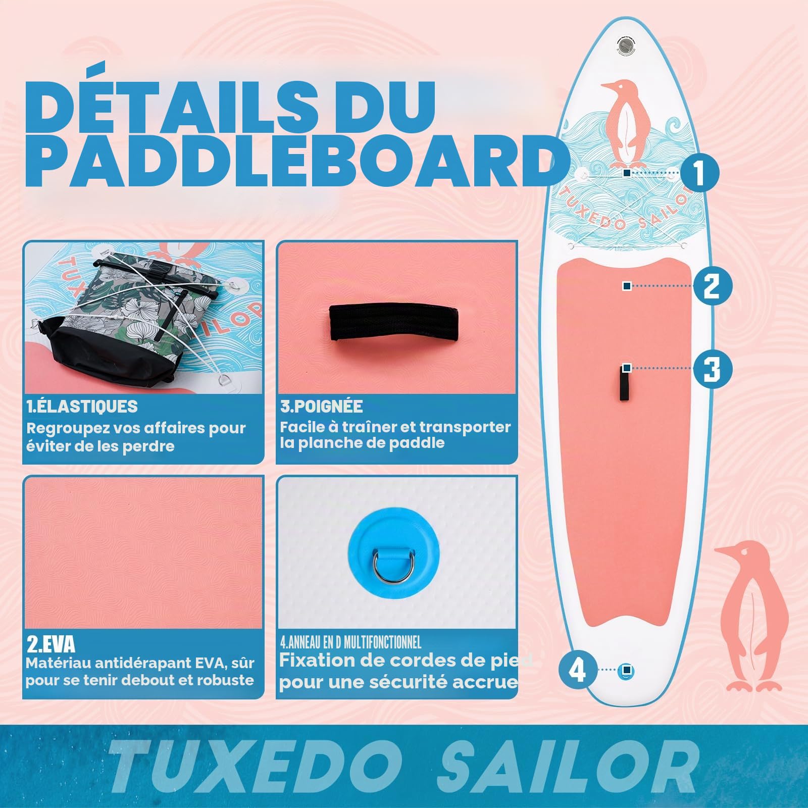 Tuxedo Sailor Paddle Gonflable Adulte, Planche de Stand Up Paddle Gonflable Sup Paddle Board Gonflable Planche à Pagaie Gonflable avec Accessoires Complets