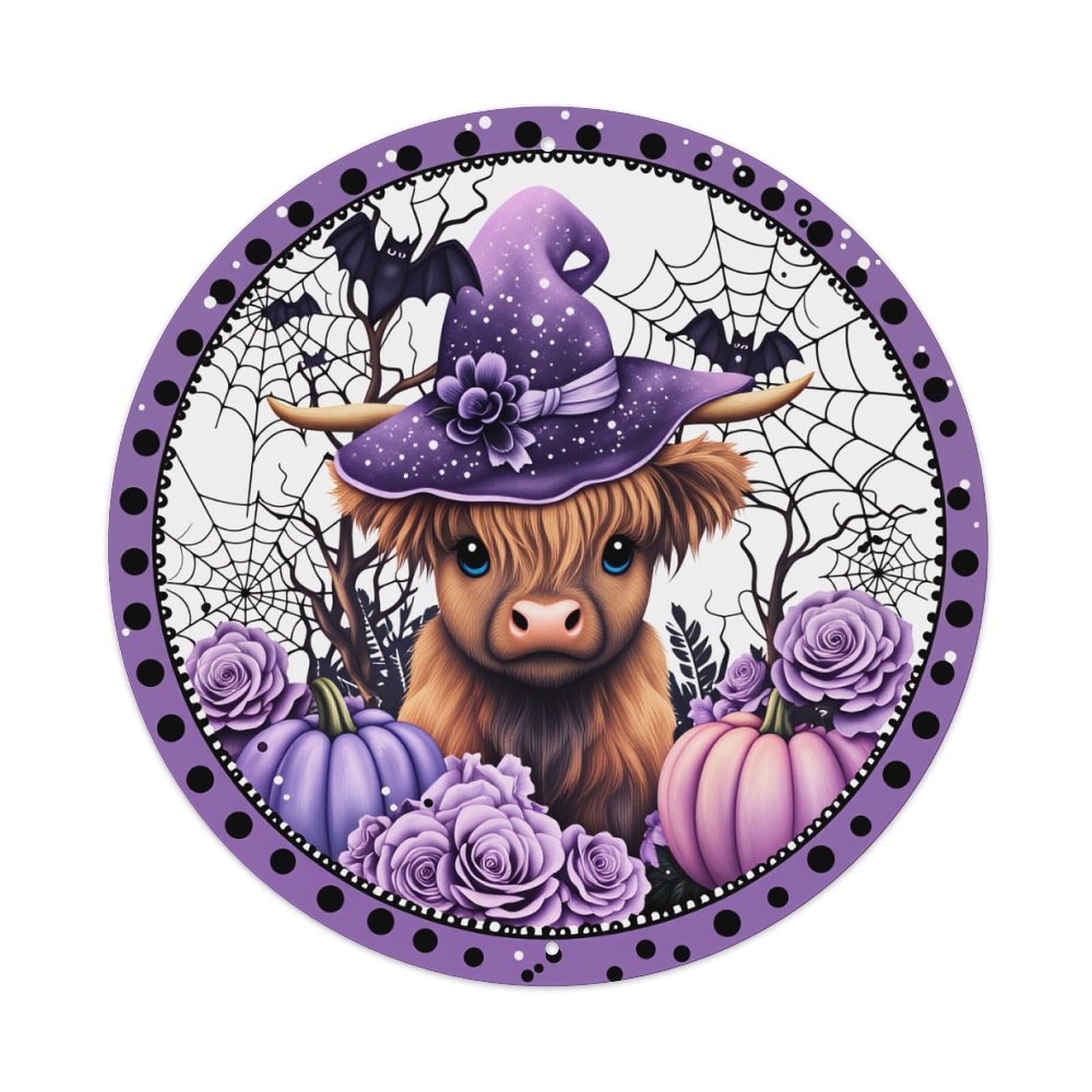 Witch Cow Purple Roses Pumpkins Round Tin Sign Vintage Metal Poster Retro Bar, Home, Man Cave, Kitchen, Laundry Room Wall Art Decor Gift 8x8In