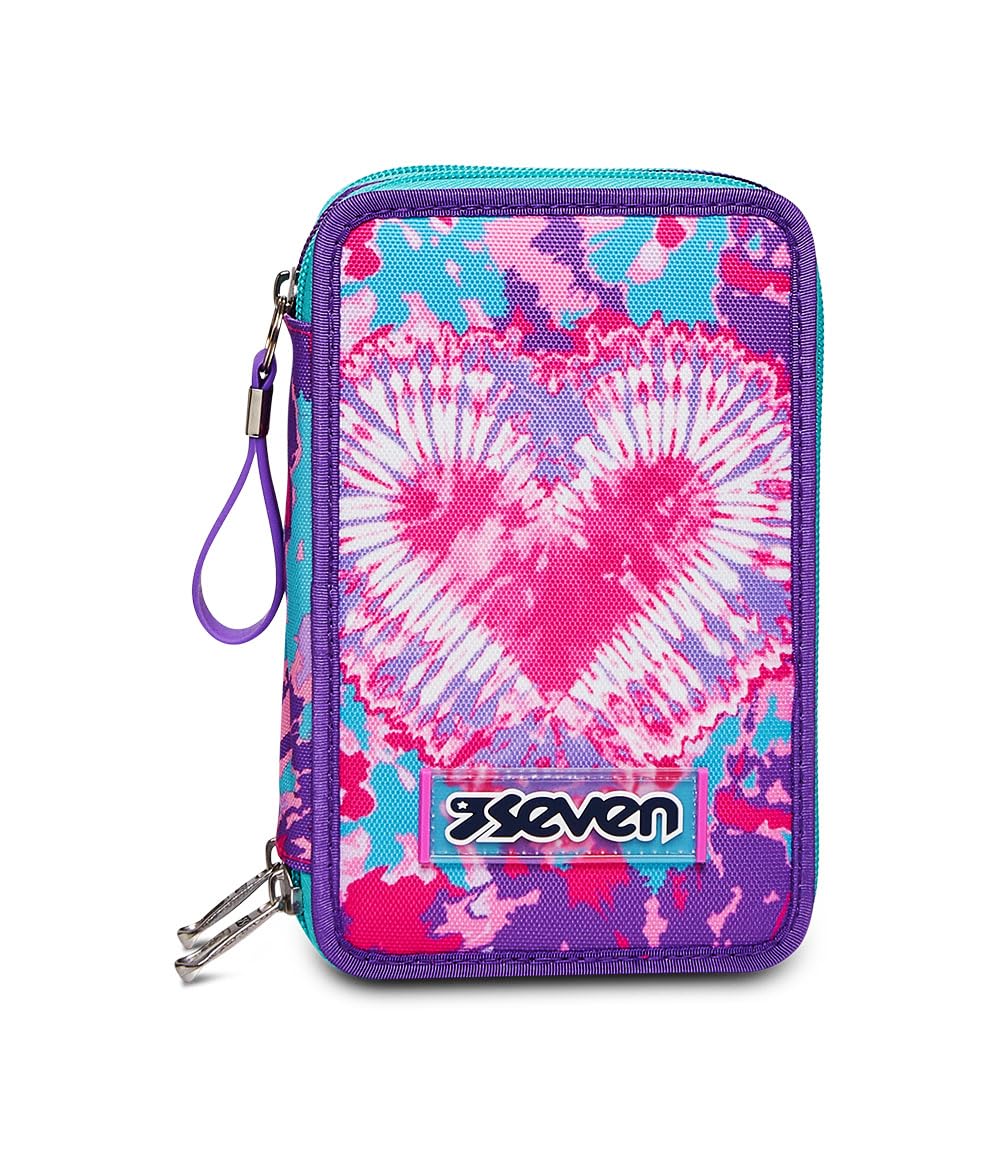 Seven Astuccio Scuola Elementare 3 scomparti con Matite Pennarelli Penne 3 Zip Trendy Heart Girl rosa/azzurro