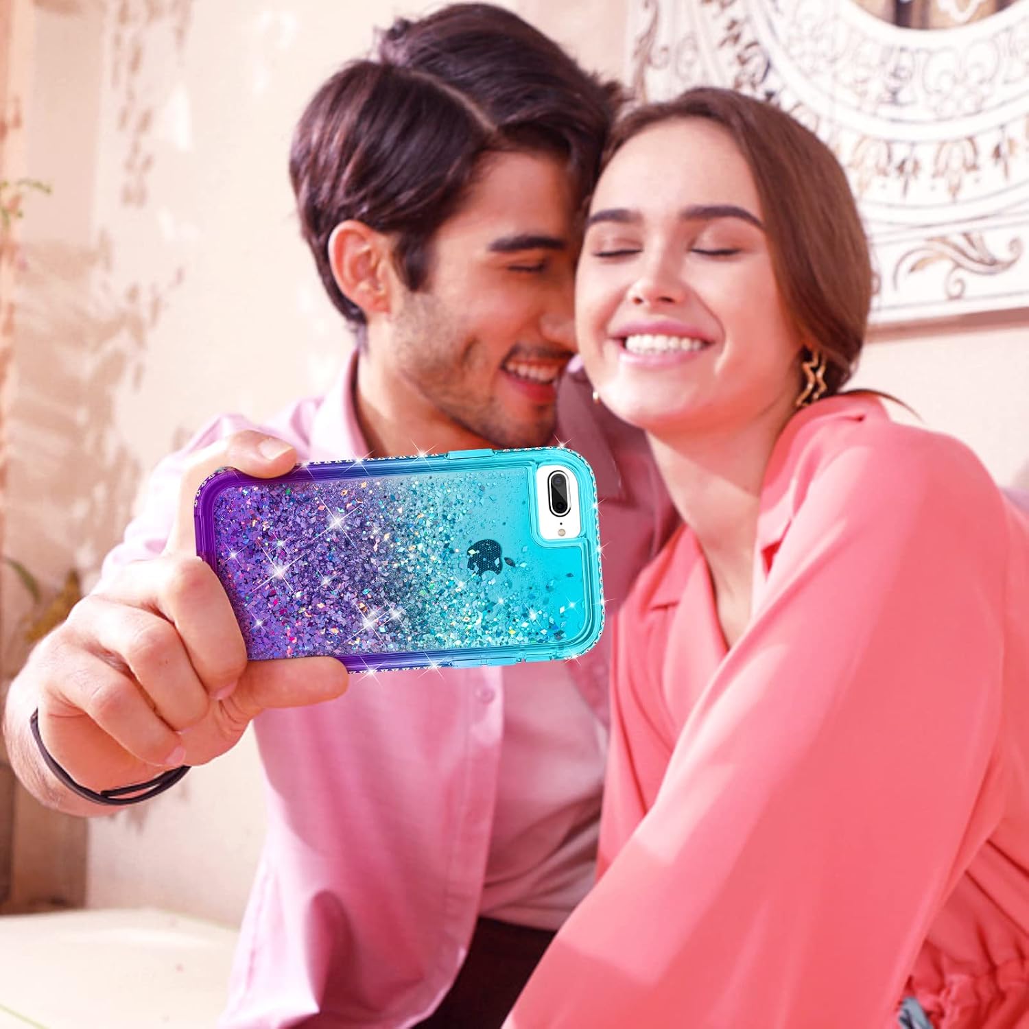 Ruky iPhone 7 Plus Case, iPhone 8 Plus Case, Full Body Clear Glitter Liquid Bling Cover with Built-in Screen Protector Shockproof Protective Women Case for iPhone 6 Plus 6s Plus 7 Plus 8 Plus (Aqua)