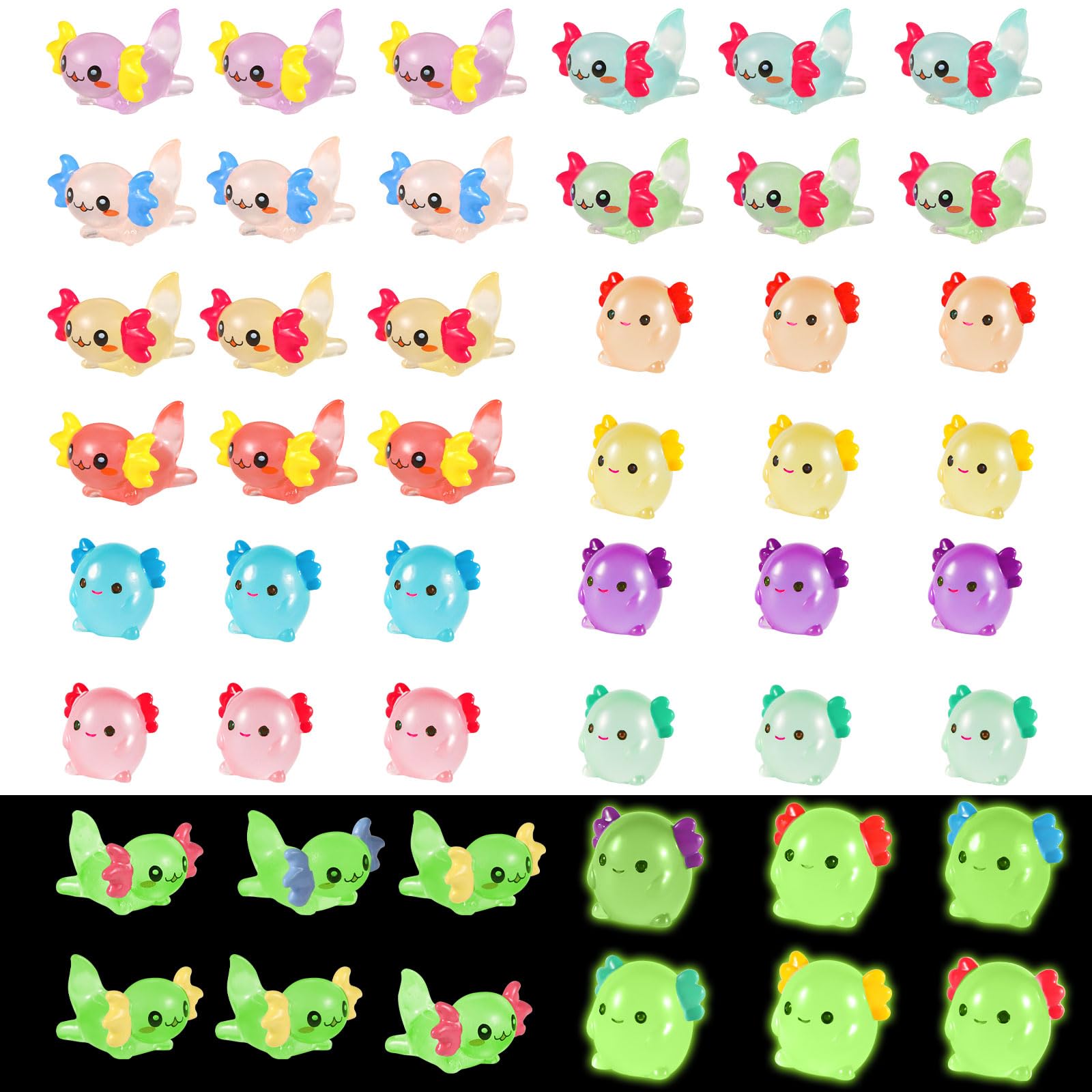 48pcs Mini Resin Axolotl, 2 Styles Tiny Miniature Axolotl Figurines Glow in The Dark Small Axolotl Ornament Toy for DIY Craft Garden Landscape Dollhouse Potted Plant Decorations