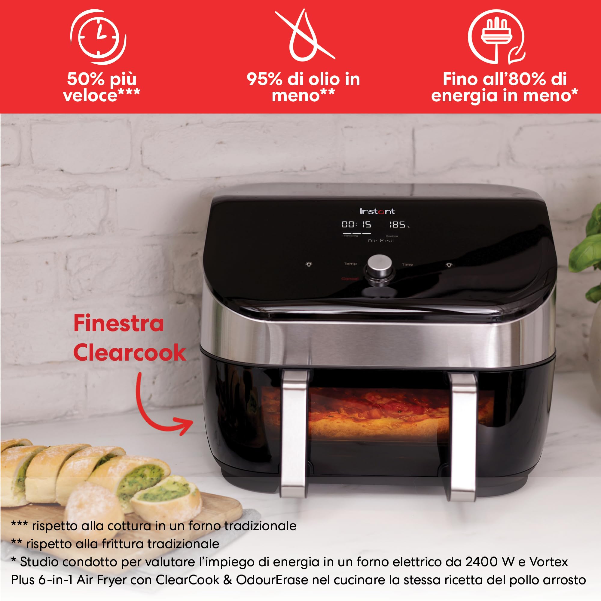 Instant VersaZone Friggitrice Digitale ad Aria in Acciaio Inox con Finestra 8,5L / XL Cassetto Modulare 2 zone, 8 programmi - Friggere, Cuocere, Arrostire, Grigliare, Disidratare, Riscaldare - 1700W