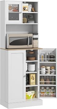 HOMCOM 67" Kitchen Pantry Cabinet, Freestanding Food Storage Cabinet with Microwave Shelf, Adjustable Shelves, 8 Door Shelves and Glass Door, Modern Kitchen Hutch for Dining Room, White
