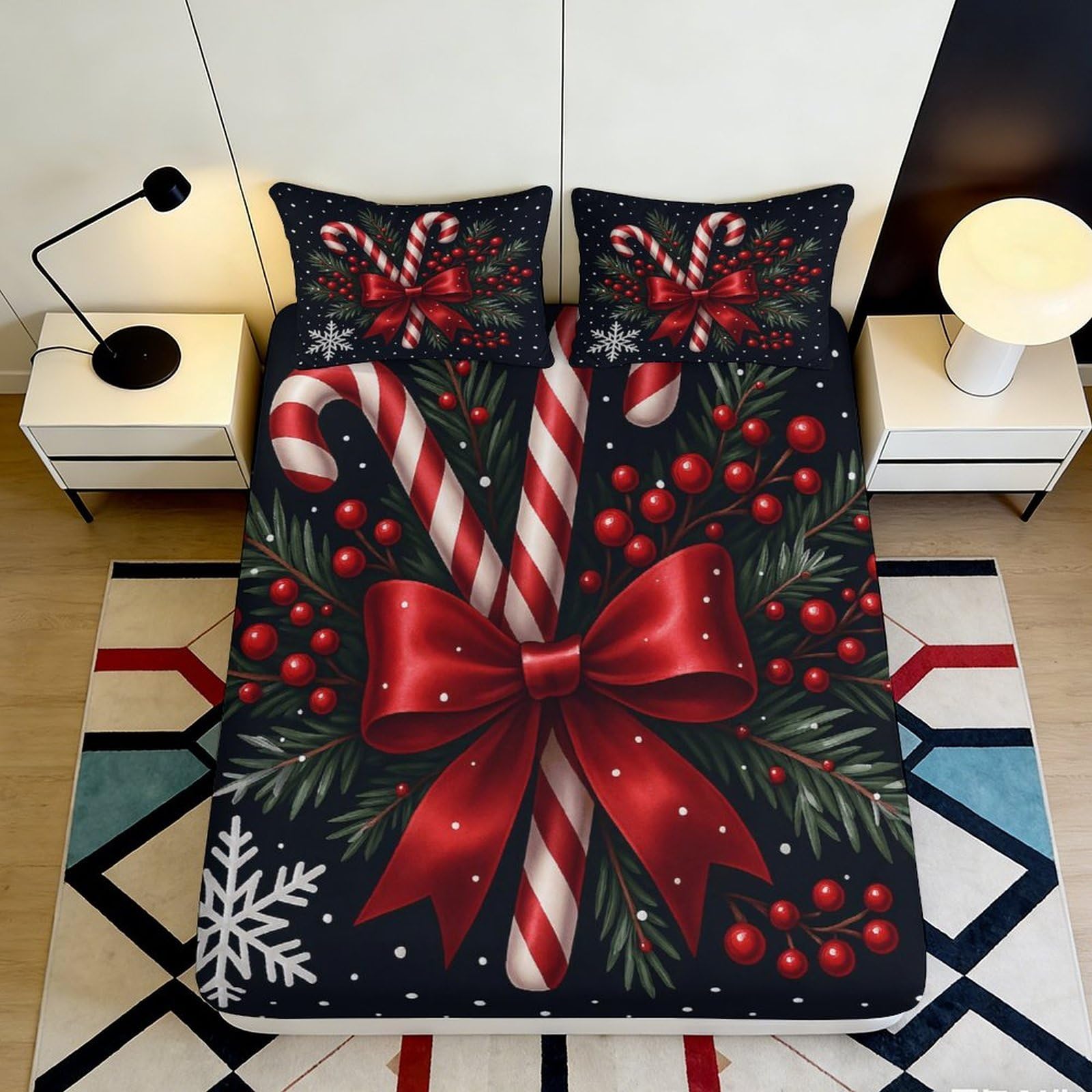 3D Printed Christmas Candy Cane Fitted Sheet Microfiber Soft Red Bow Bed Cover for Bedroom Guest Room Decor 90x200x25cm