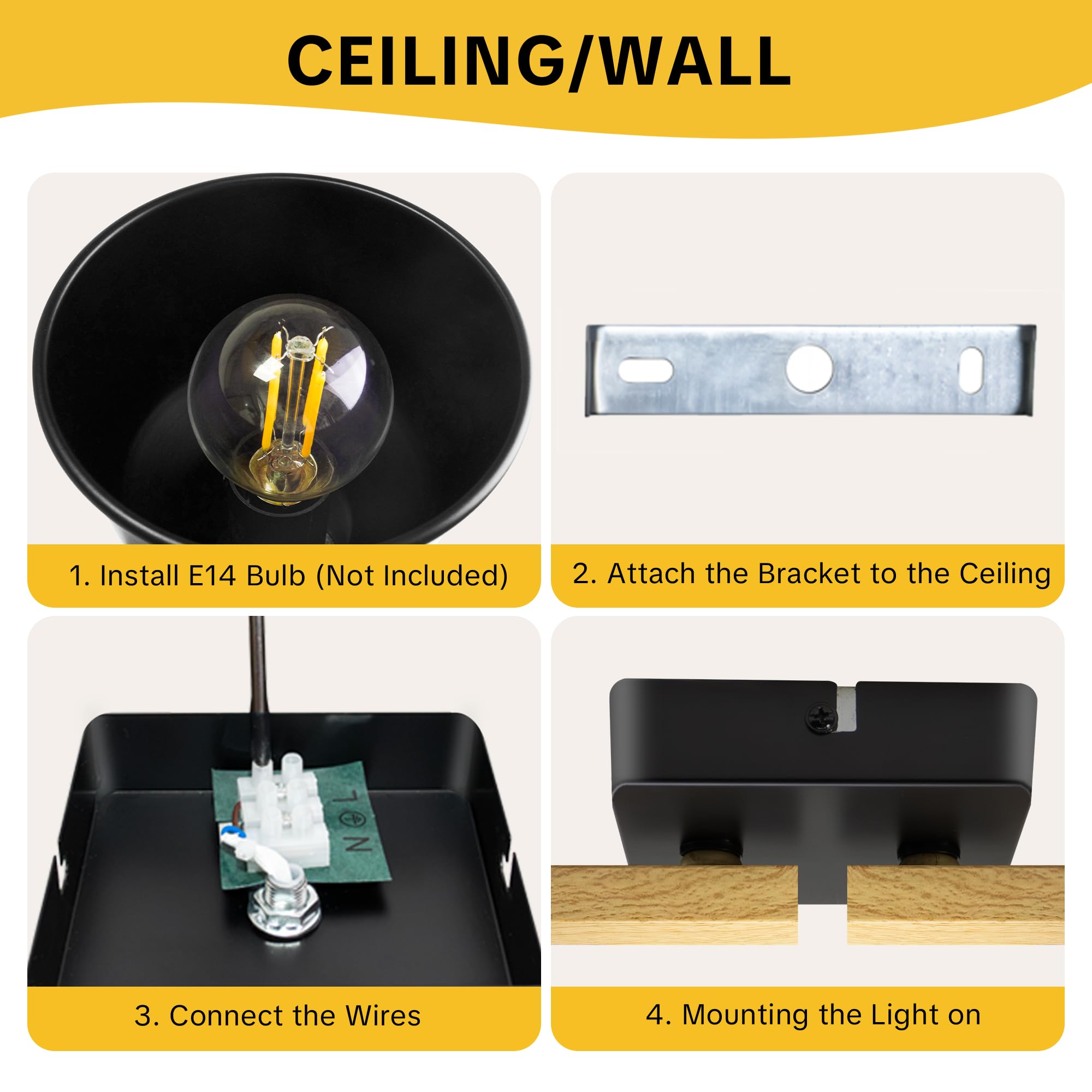 Lámpara Techo Focos, 4 Focos Led Interior Techo Base E14, Apliques Techo Focos con madera Base Rectangular, 350° Giratorios Plafón Foco de Techo LED, Negro (Sin Bombilla)