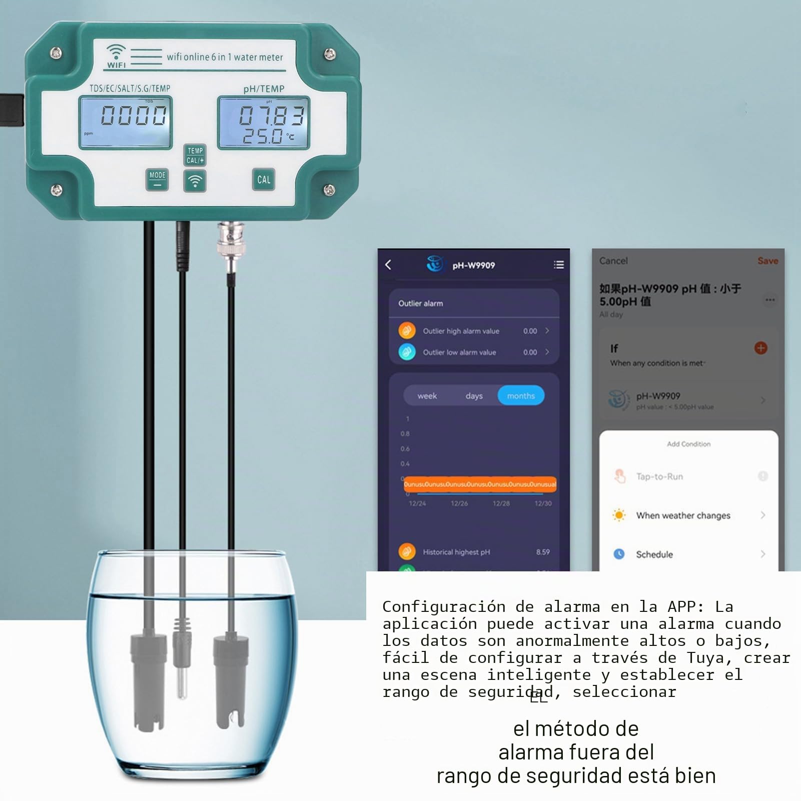 Medidor de Calidad del Agua Función 6 en 1 Medidor de Prueba de Calidad del Agua PH TDS EC SG Analizador de Temperatura de Sal Monitor de Calidad del Agua(EU Plug)