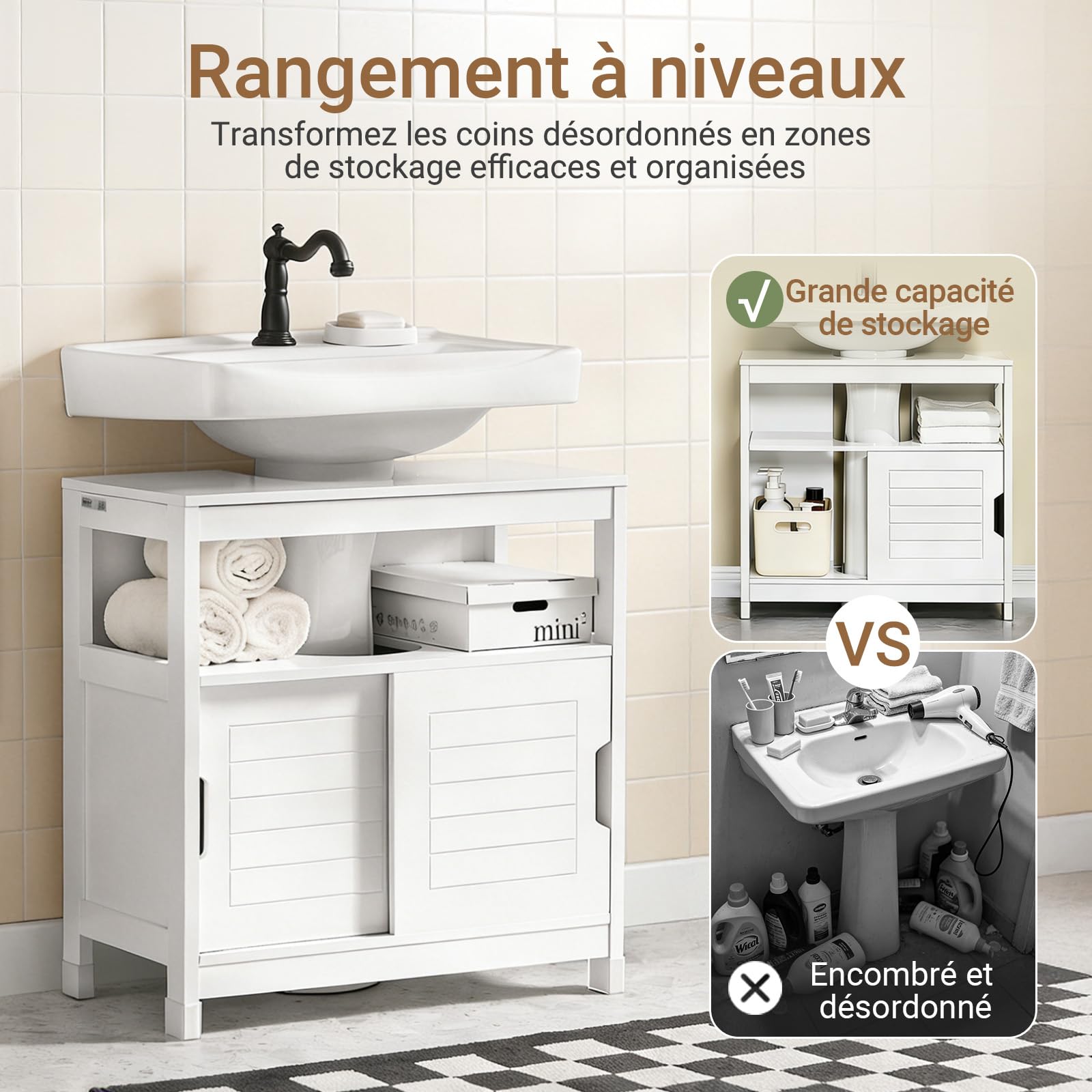 SoBuy Meuble sous Lavabo Salle de Bain avec 2 Portes Coulissantes Silencieuses, Meuble sous Lavabo, Rangement Optimisé pour Petite Surface, Anti-Humidité, Bois, Blanc, L60xP30xH60cm, FRG128-II-W
