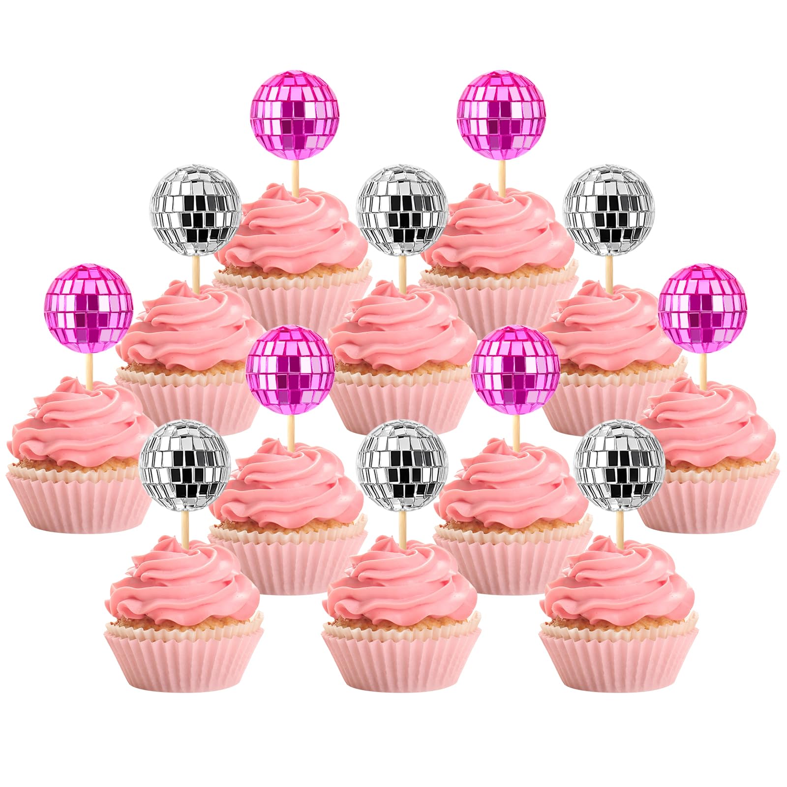 JOERSH 24pcs Disco Ball Cupcake Toppers - 1970s Disco Ball Picks Disco Theme Cake Decorations for Disco Theme Party 70s Disco Party Favor (Pink,