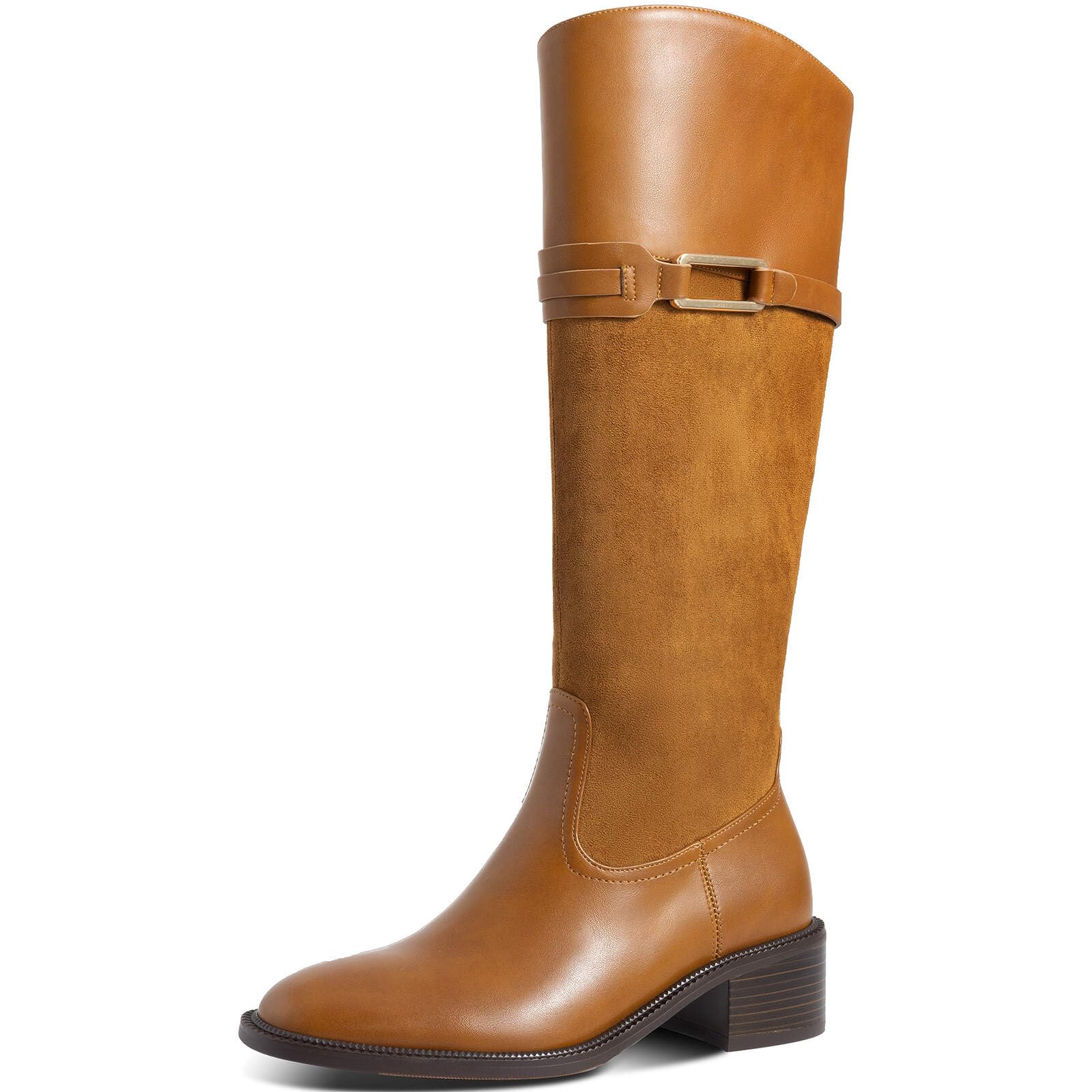 Womens Knee High Boots Round Toe Chunky Block Heel Side Zipper Buckle Riding Boots