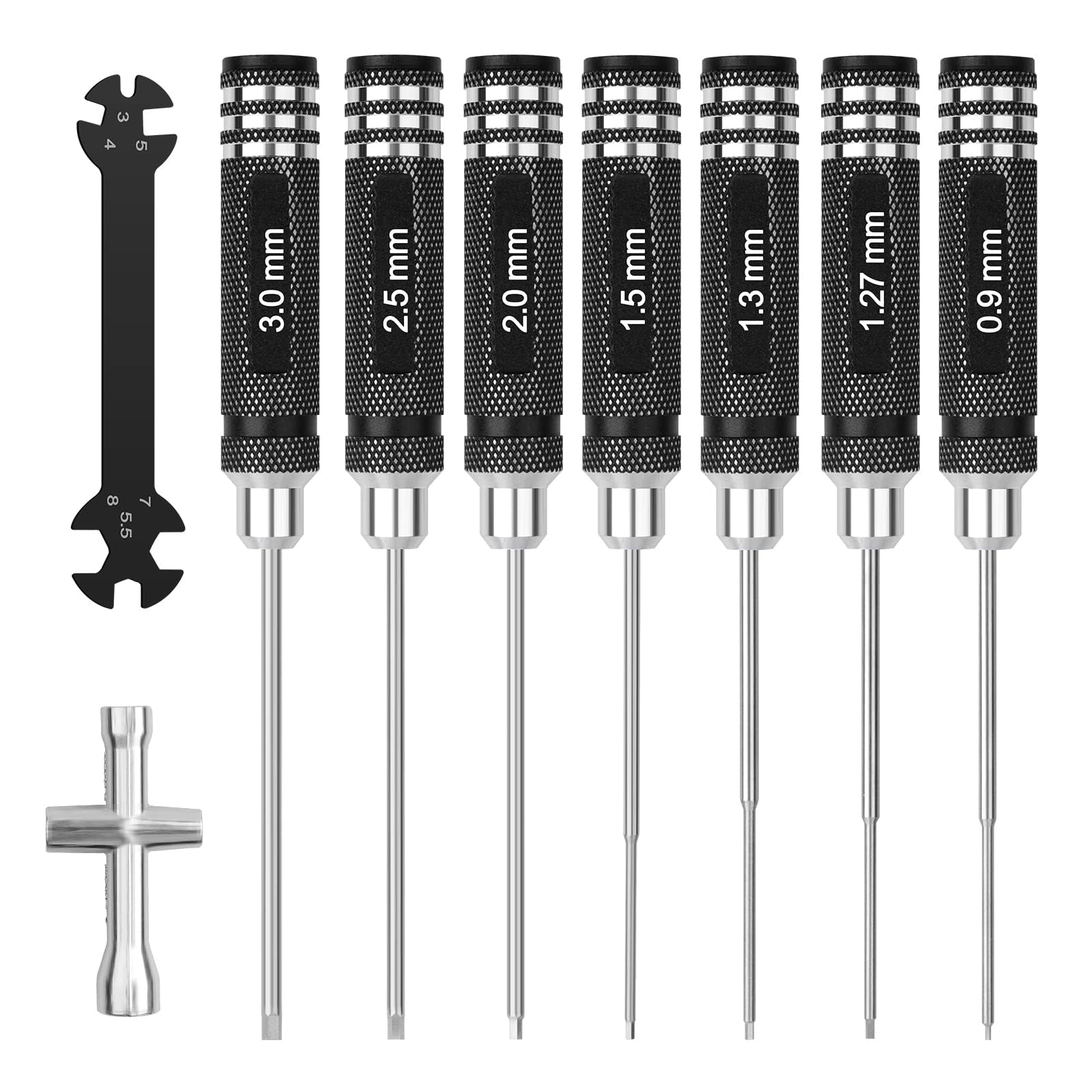 Ensemble d'outils de tournevis hexagonaux RC : 0,9 mm, 1,27 mm, 1,3 mm, 1,5 mm, 2,0 mm, 2,5 mm, 3,0 mm, kit de tournevis hexagonaux avec tournevis à écrou hexagonal et clé de voiture télécommandée