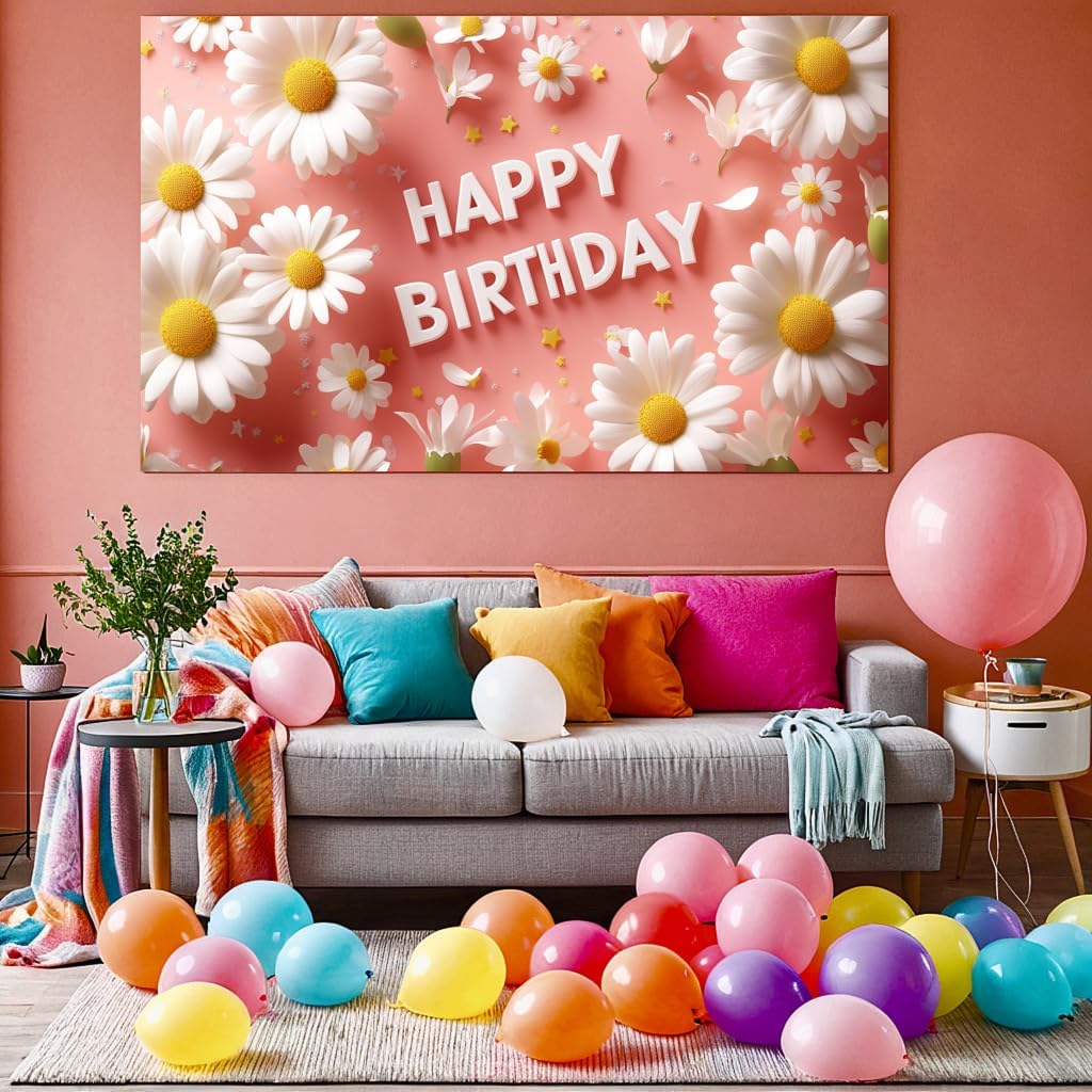 Daisy Flower Birthday Banner Decorations Pink White Large Happy Birthday Backdrop Spring Birthday Party Photography Background for Women Girls Baby Shower Bday Party Supplies Decor, 71" X 43"