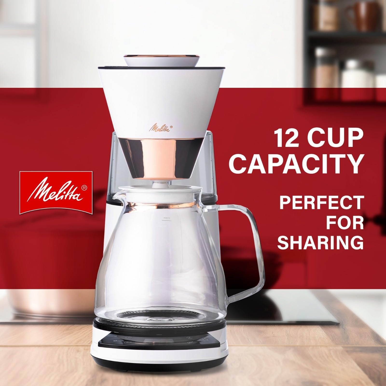 Melitta Vision 12-Cup Drip Coffee Maker, White, with 5-Pack Filters | Automatic and Programmable, Adjustable keep warm time setting and coffee strength, Touch Control