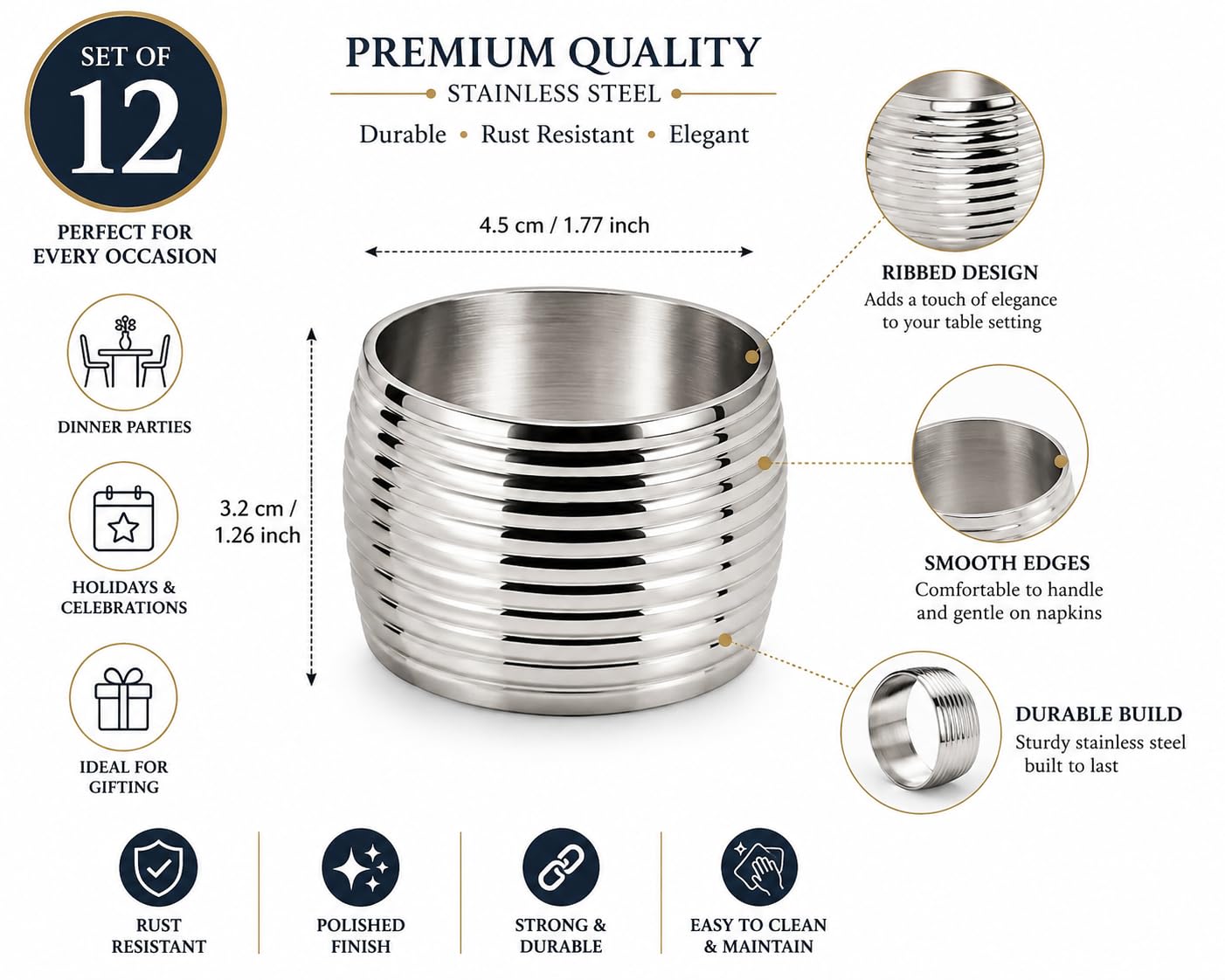 ITOS365 Set di 12 portatovaglioli verticali scanalati, in metallo di alta qualità, per tovaglioli, decorazione moderna da tavolo per matrimoni, Ringraziamento, Natale e cene