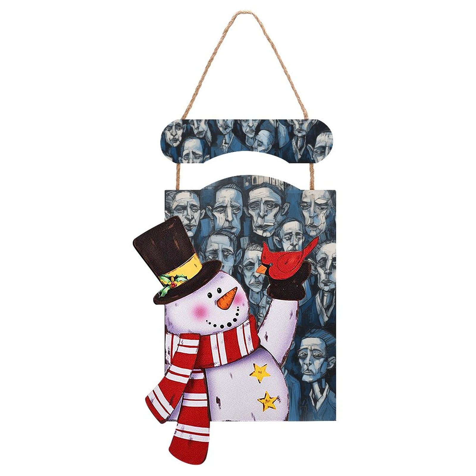 Suspension bonhomme de neige en bois bleu et noir pour porte