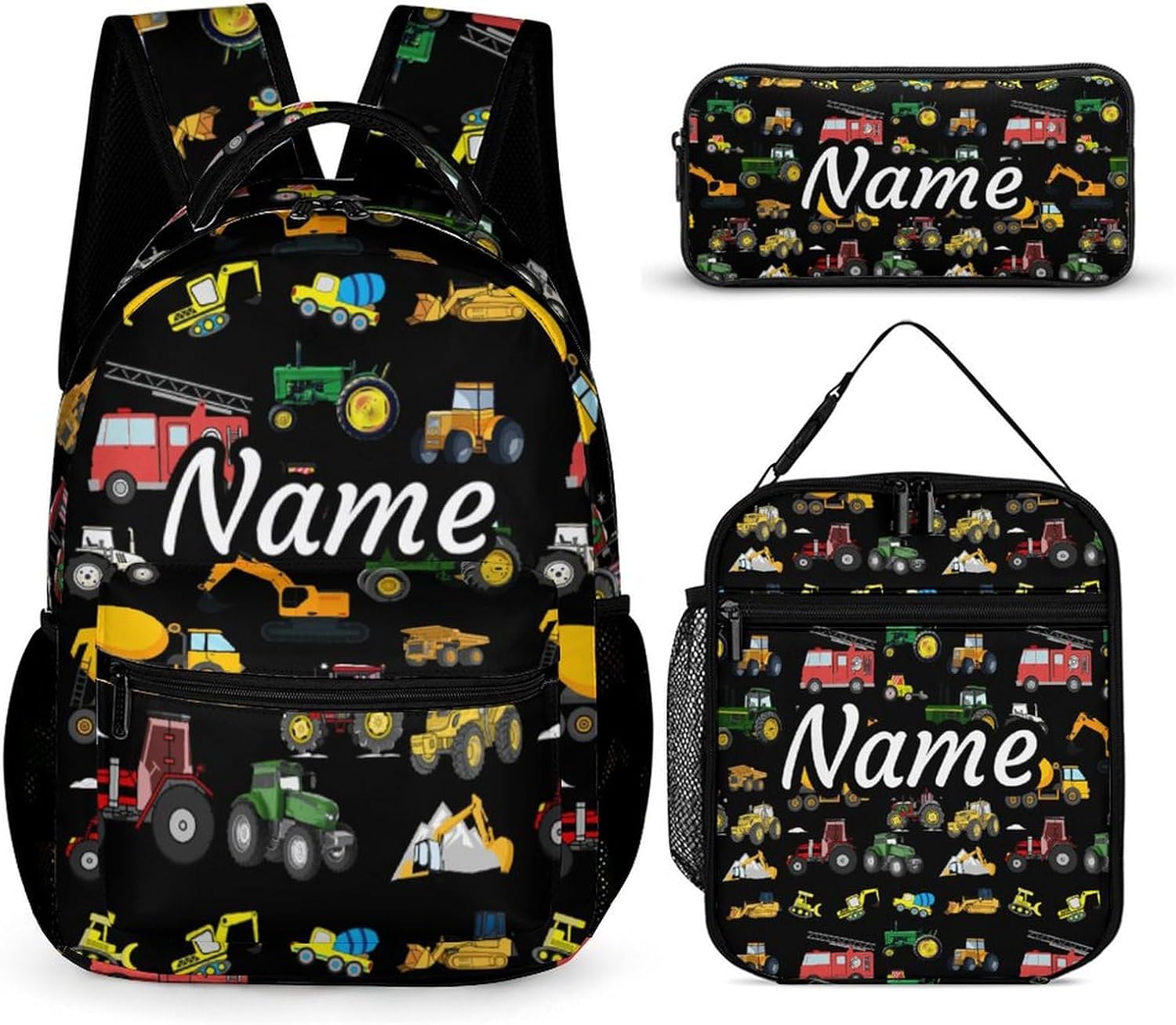 Personalized Truck Excavator Black Backpacks Sets for Boys Backpack and Lunch Box Back to School Gifts for Daughter Son