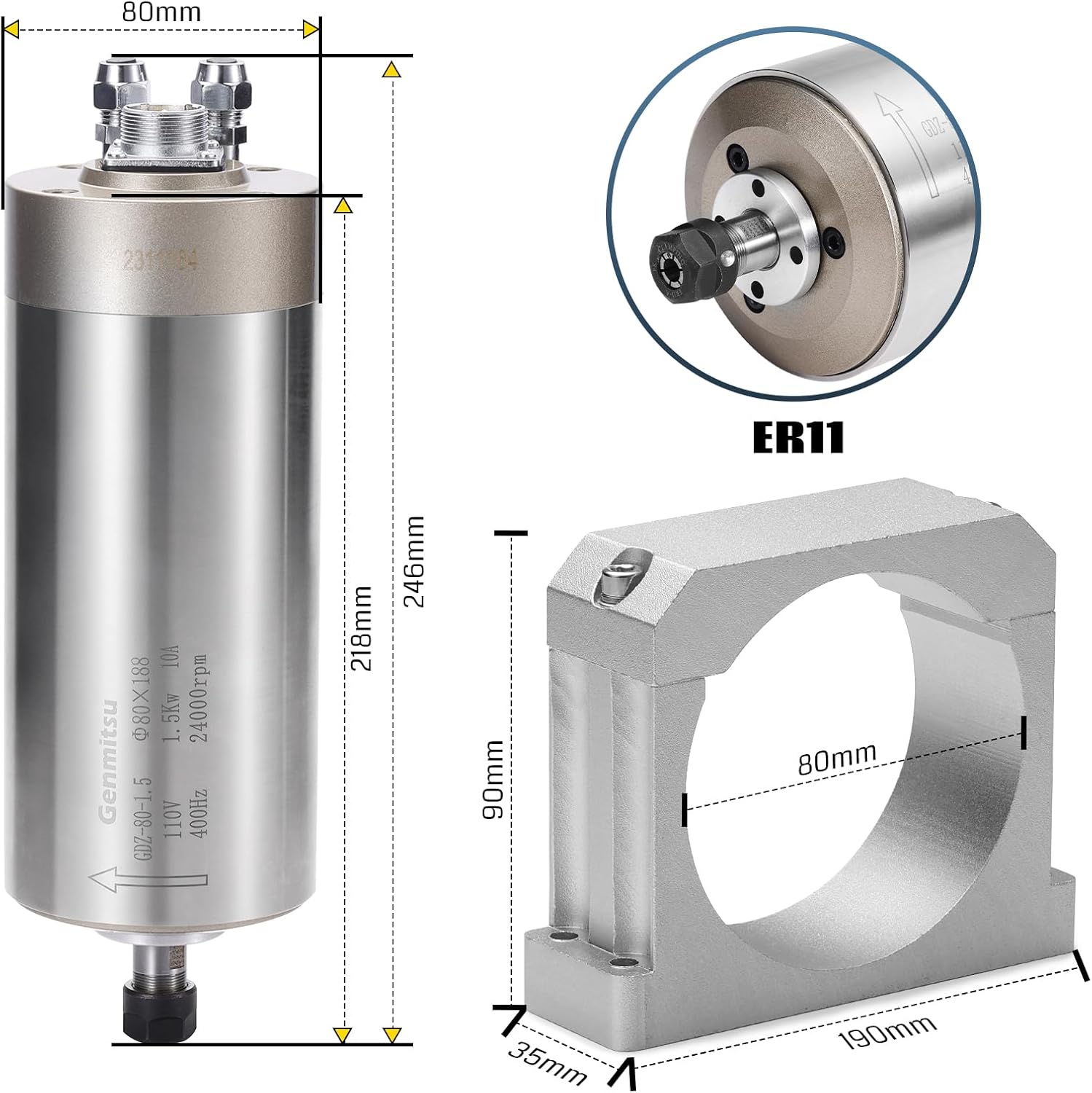 Genmitsu CNC Spindle Motor Kit, 1.5KW, 110V Water Cooled Spindle Motor, with VFD & Water Pump, 80mm Diameter Aluminum Clamp Mount, ER11 Collet, 0.003mm Accuracy for CNC Router Machine Metal Carving