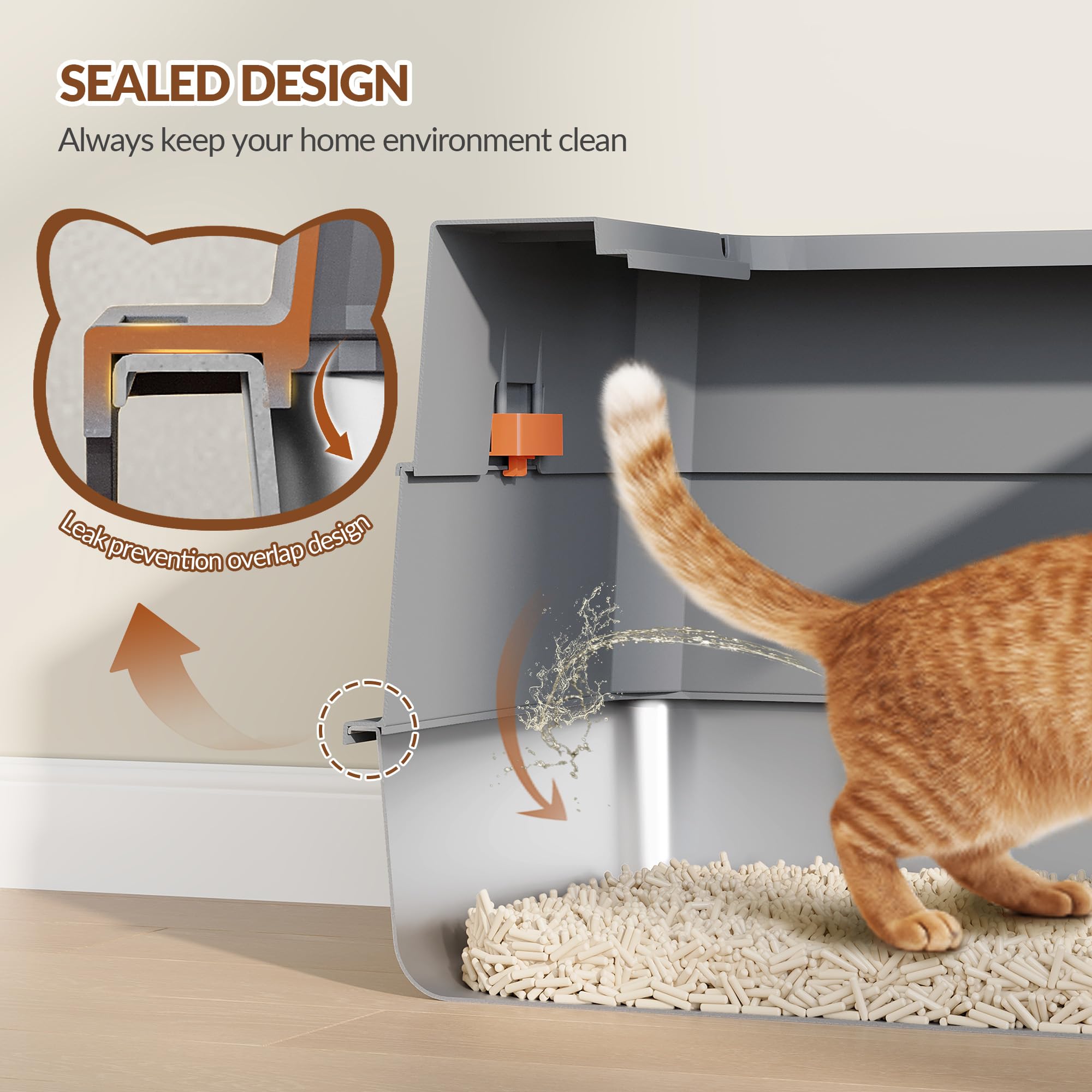Edelstahl Katzenklo mit Deckel XXXL, 70 x 50 x 45 cm, Dunkelgrau | Geschlossene Metall Katzentoilette, 105° Klappbar Deckel, Inklusive Pedal und Schaufel, Leicht zu Reinigen, Modulares Design