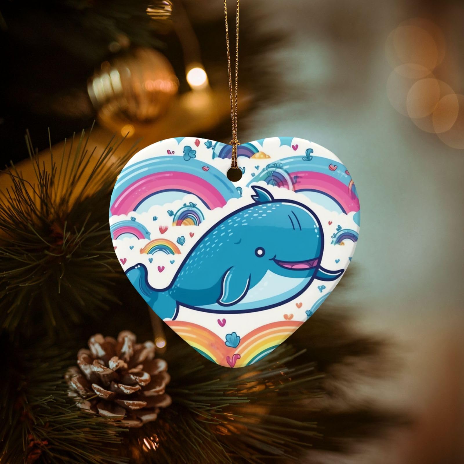 Christmas Tree Ornaments Ceramics Christmas Decorations Cartoon Whale and Rainbow Ornaments with Gold Ribbon Porcelain Xmas Tree Crafts Heart Shape Hanging Pendant for Christmas Tree Party Decor