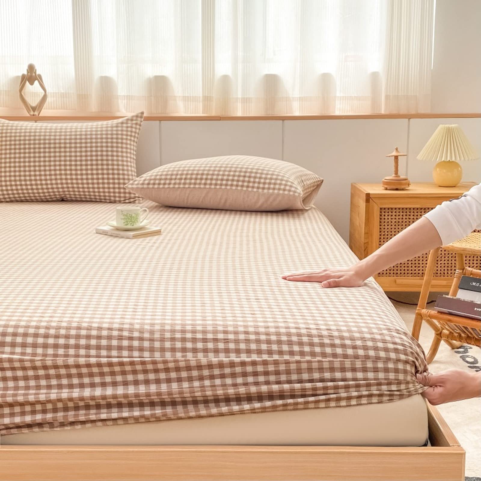 Sábanas bajeras de colchón de algodón puro de color sólido, protector de colchón para dormitorio, hotel, algodón lavado, funda de almohada a cuadros, marrón, 120 x 200 cm (2 unidades)