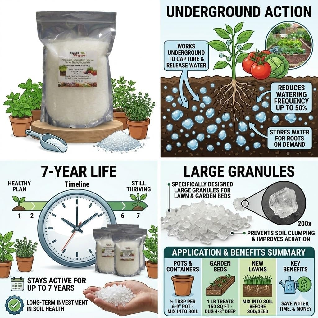 20 LB Bulk Water Storing Crystals - Potassium Super Absorbent Polymer for Lawn, Garden & Potted Plants - Reduces Watering by 50% - Long Lasting Soil Amendment (20 Pound, Large Granules)