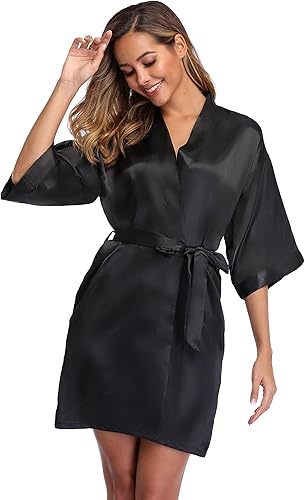 Miniatura 4 de iFigure, Bata estilo kimono corto, albornoz, batas de novia sedosas, bata de baño
