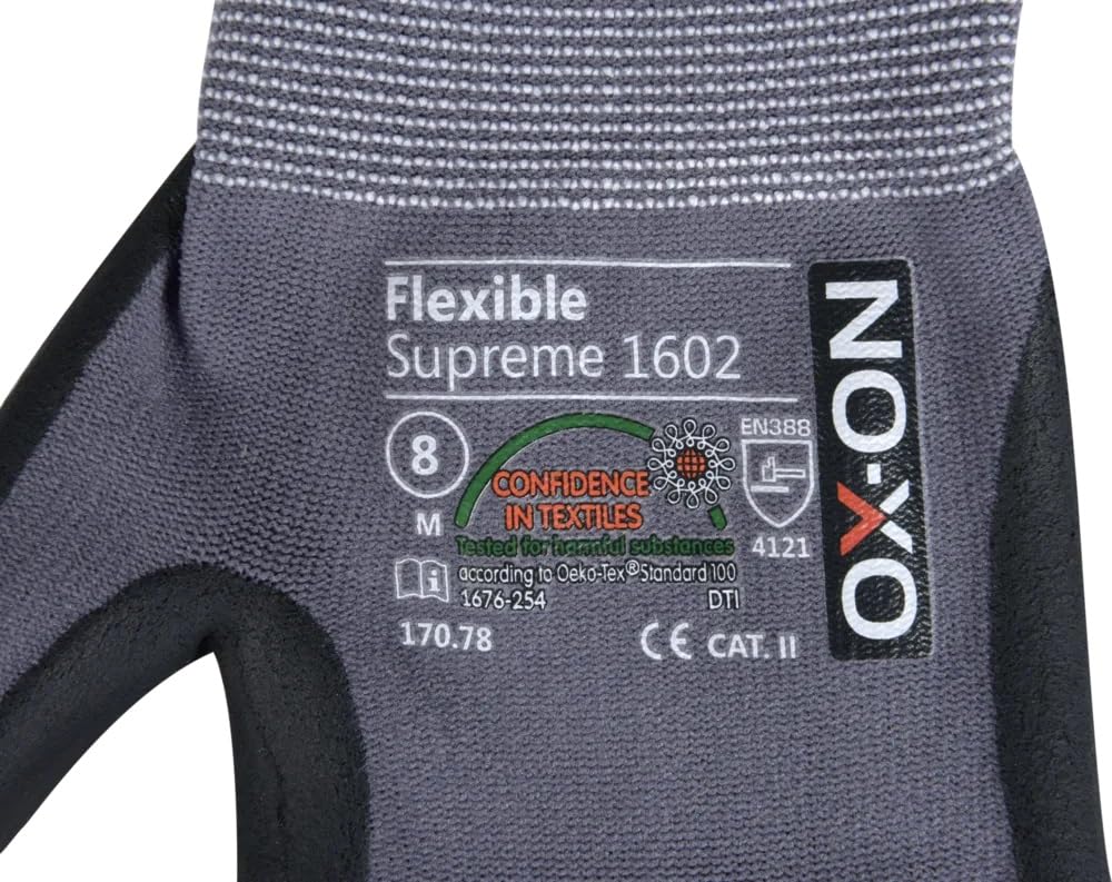 OX-ON Flexible Supreme 1602 Arbeitshandschuh Montagehandschuh | 170.80 | Nopperl - Handfläche genoppt | Nitrilbeschichtung | Größe 7 (S) bis 11 (XL) | 45% Nylon, 35% Nitrile, 20% Lycra (12, 10 (XL))