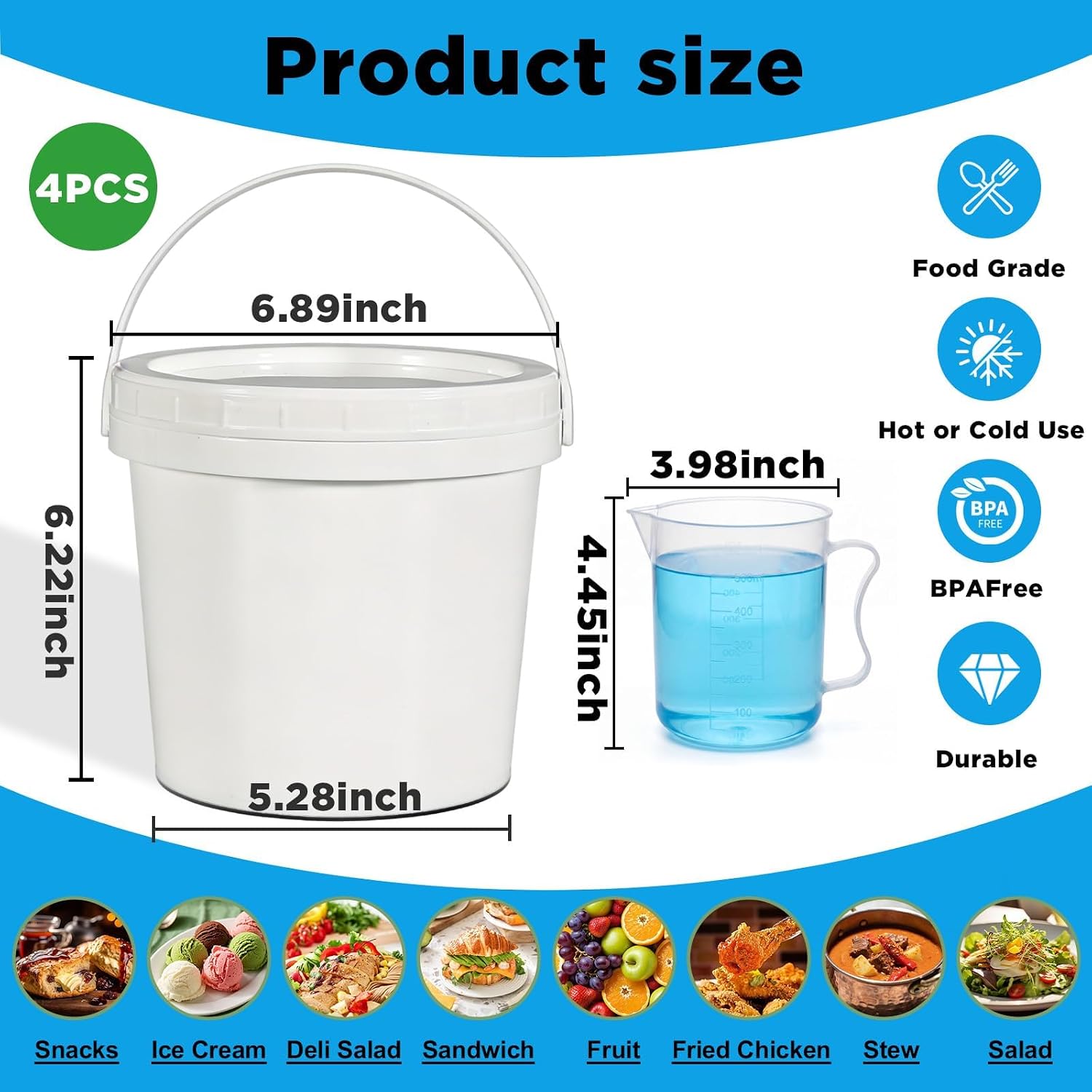 DEMORA 4 Pack 64oz White Plastic Bucket with Screw Lid & Handles, Food Grade Heavy Duty Storage Container Pail, BPA Free Medium for Kitchen Paint Water Multi-Use image 2