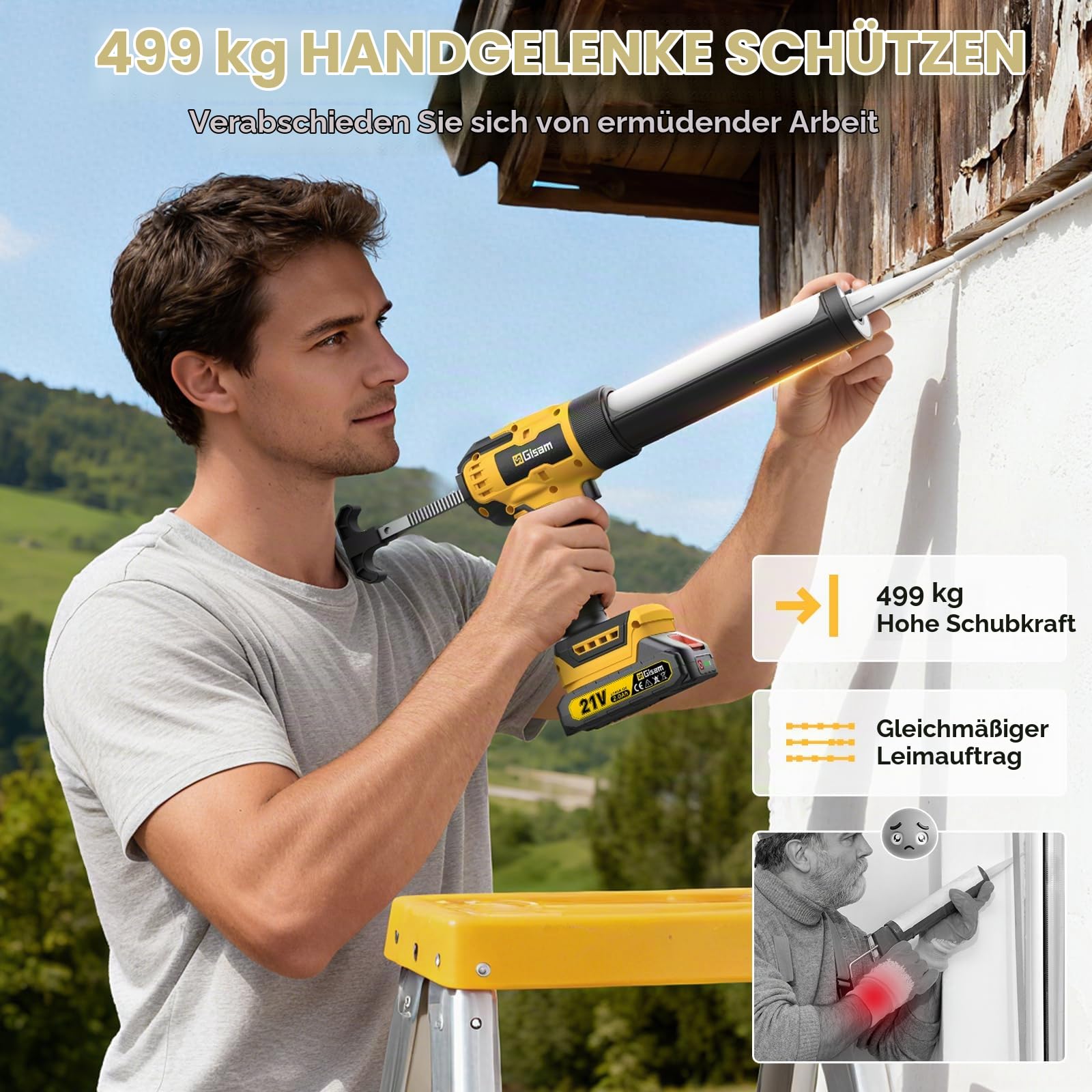 GISAM Akku-Kartuschenpistole Kompatibel mit Makita 18V Akku, 6 Geschwindigkeiten, Max 1100Lb,2Ah & LED-Licht, Akku Silikonpistole Mit 27 Spezialzubehörteile FüR 150-310 ml-Kartuschen