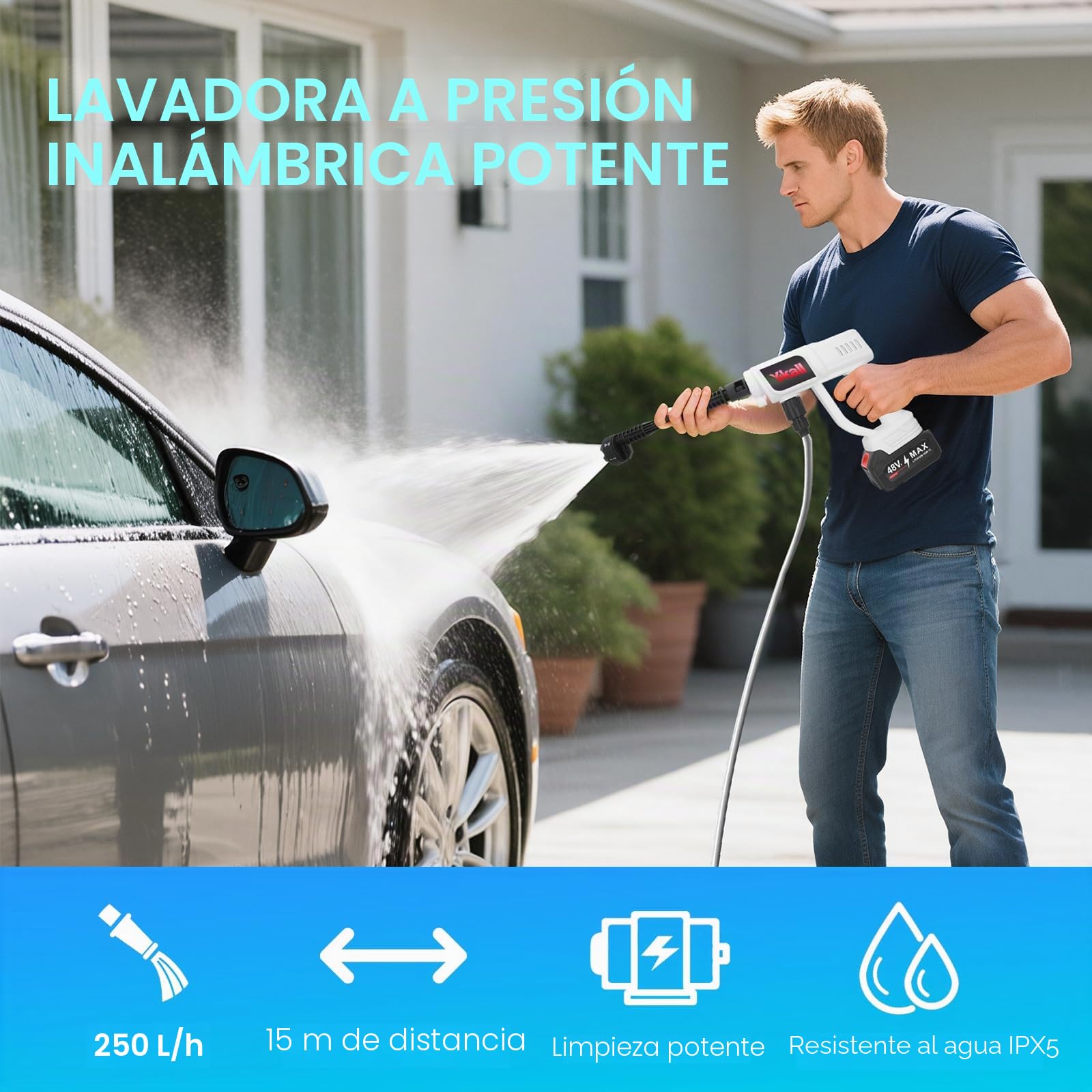 Hidrolimpiadora Inalámbrica 48V 2 Baterías Portátil Boquilla 6 en 1 | Limpieza a presión sin cables. 2 baterías (25-30 min), 6 modos, manguera 5m, fácil de guardar. Ideal para coches o jardín.