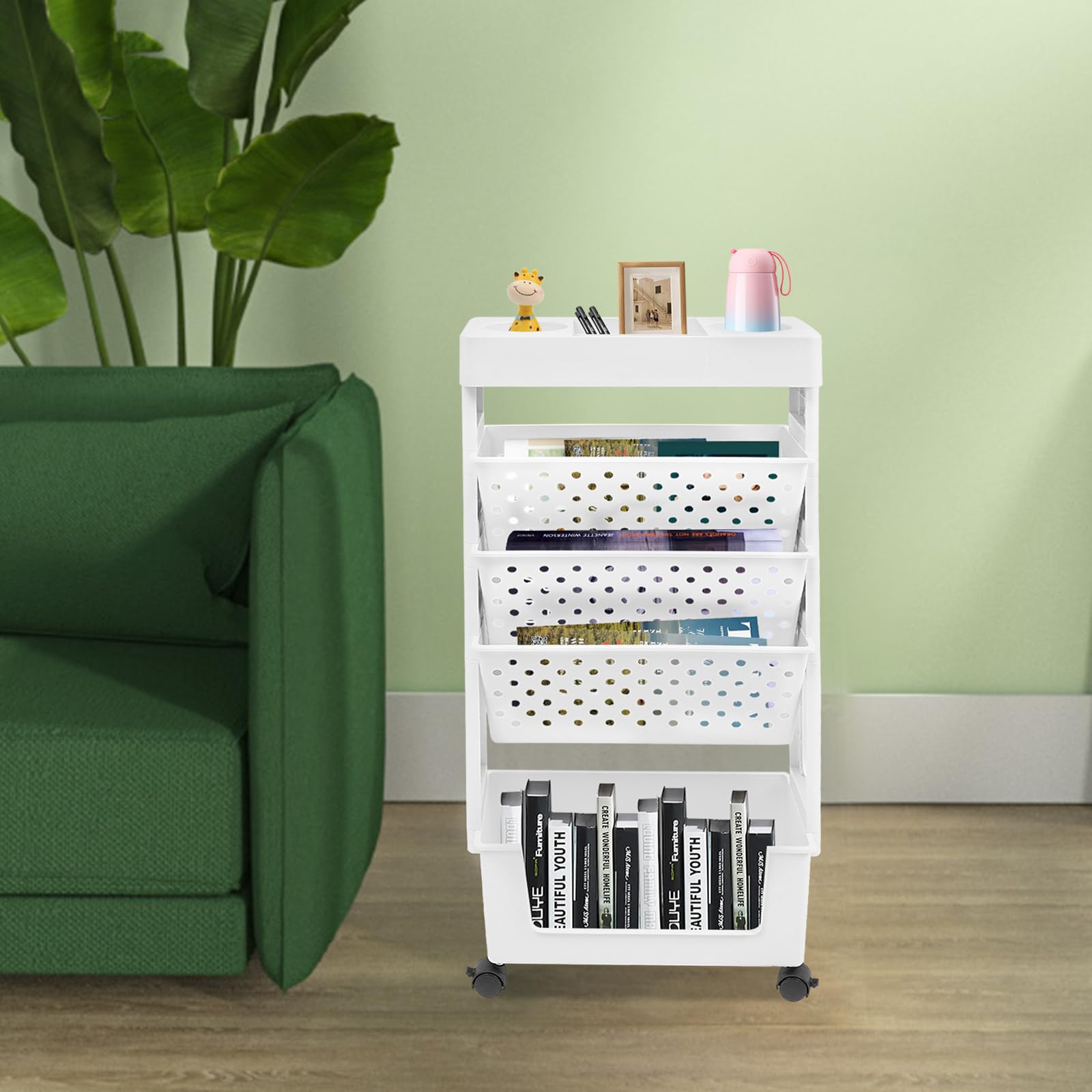 Estantería móvil con ruedas de 5 niveles, carrito de PP/ABS para libros, suministros de manualidades y organizadores, estantería para niños y oficina, con 2 frenos, color blanco