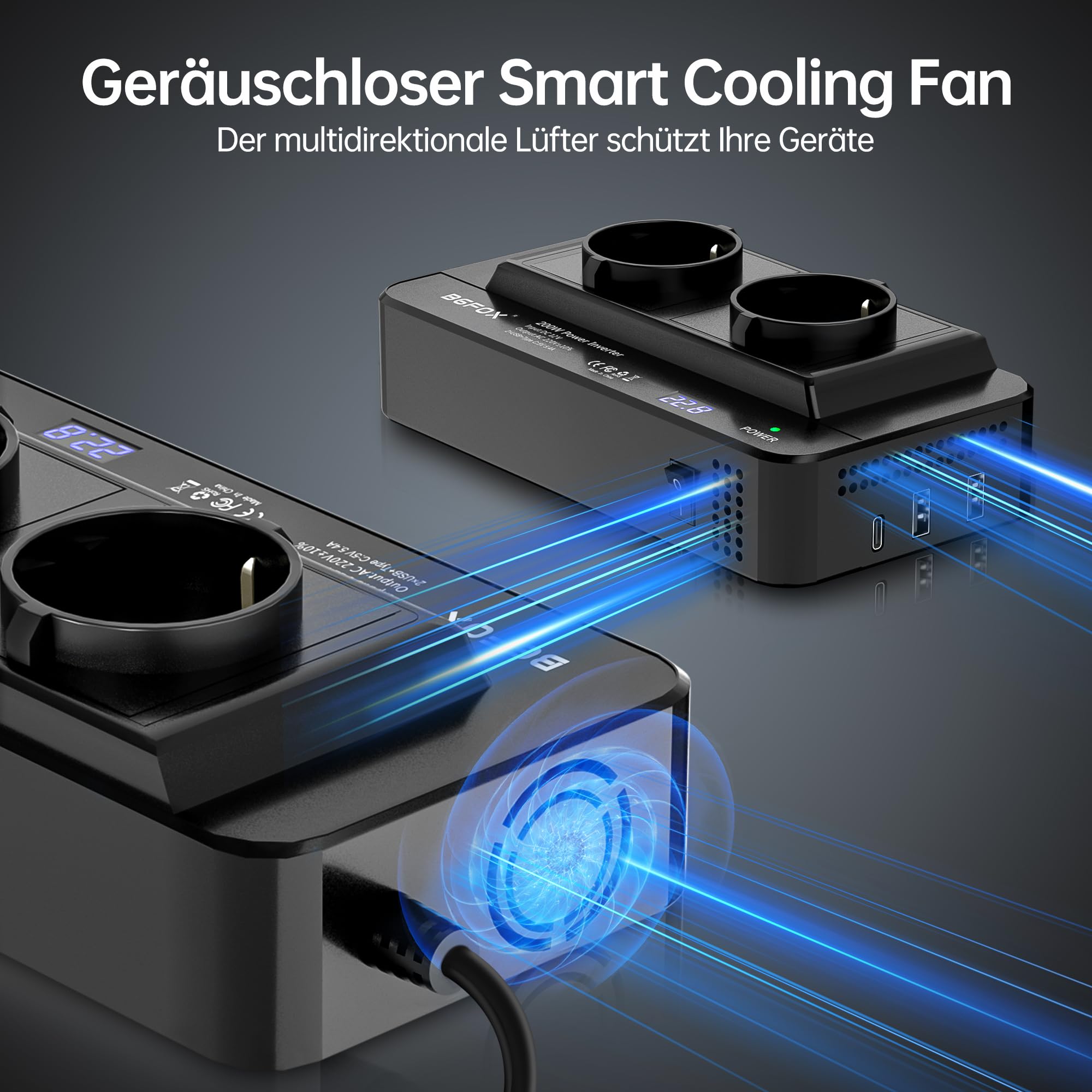 200W Wechselrichter 12V auf 230V Auto Spannungswandler, Stromwandler mit 2 Auto Steckdose/Type-C & 2 USB Anschlüsse und Zigarettenanzünder Verteiler für Handys, für Laptop, iPad, DashCam