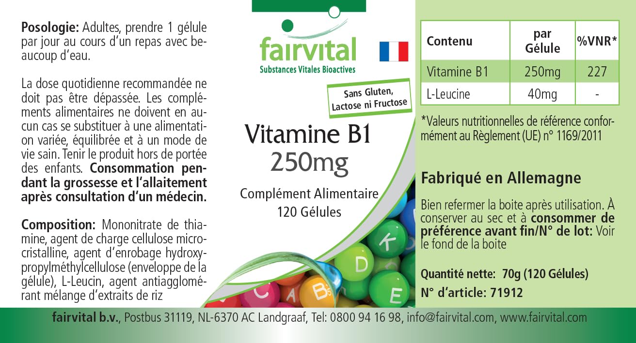 fairvital Vitamine B1 (thiamine) 250mg, 120 gélules, faciles à avaler, qualité contrôlée et hautement dosées, 100% végétaliennes, fabriquées en Allemagne