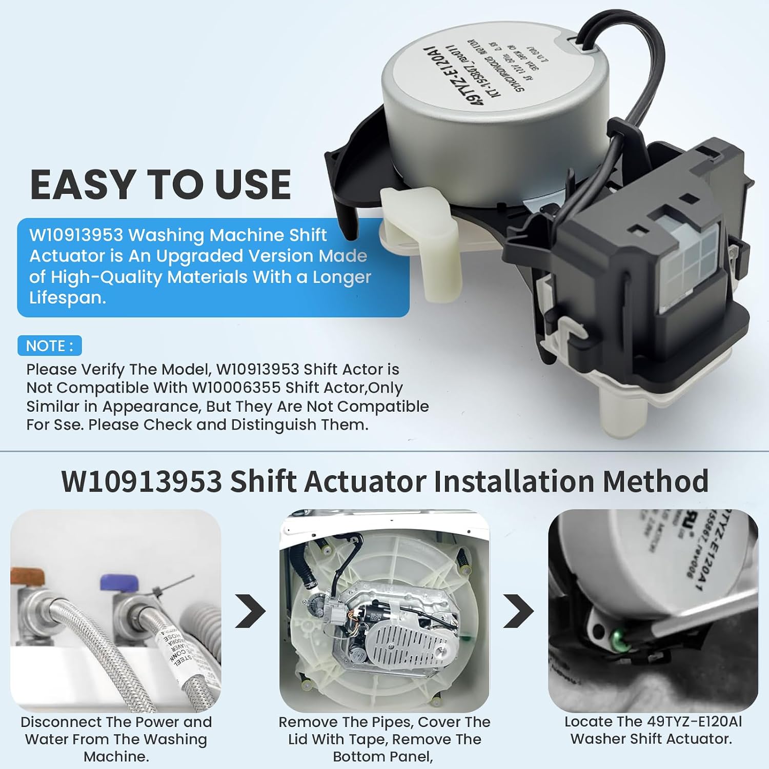 W10913953 W11481722 49TYZE120A1 Washer Shift Actuator For W10815026 WTW5000DW WTW4816FW3 MVWC415EW1 MVWX655DW1 MVWC555DW1 MVWC565FW1 W10597177 Compatible With Whirl-Pool May-Tag Washing Machine