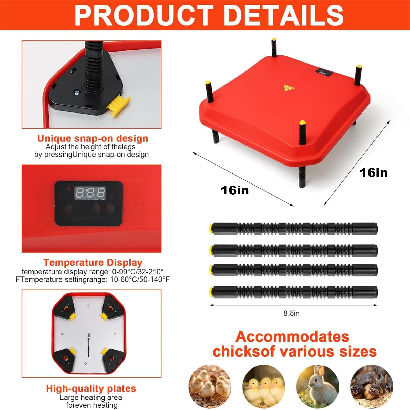 Lámpara de calor para aves de corral, calentador de gallinero, placa de cría para pollitos de 16 "x 16", altura ajustable, con indicador de seguridad, placa de cría en ángulo, para 30-40 pollitos