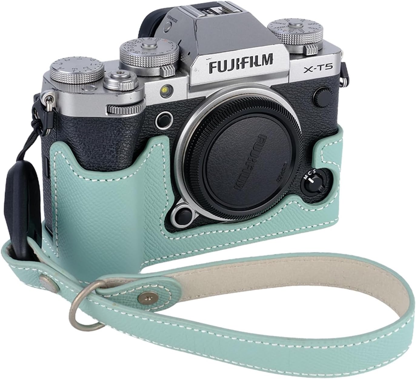 Bowan X-T5 Camera Case, Handmade Genuine Real Leather Half Camera Case Bag Cover for Fujifilm Fuji X-T5 X-T5 Camera Bottom Opening Version + Hand Strap (Mint green)