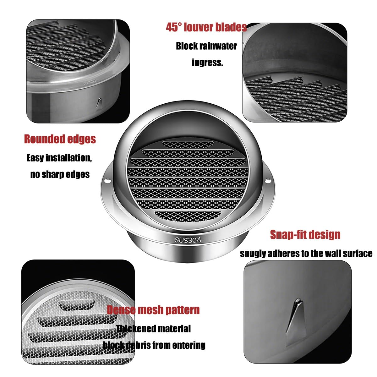 Rejilla Ventilación Pared Redonda, Cubierta de Ventilación de Acero Inoxidable con Malla Fina, Regulable Campana de Escape 5.5 10.5 13.5 17.5 19.5 34.5 cm para Residencial y Comercial(34.5cm)