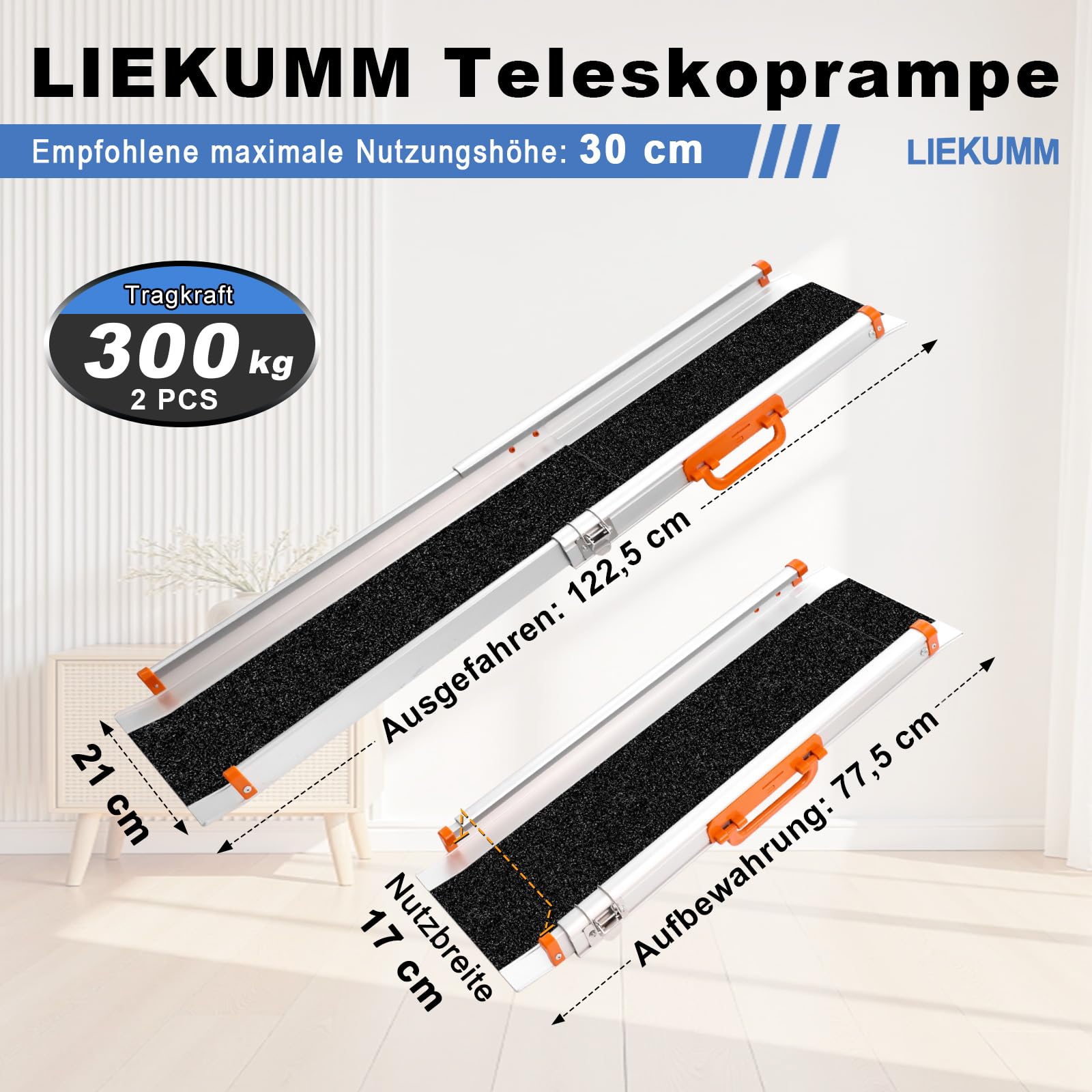 LIEKUMM Rampe de Fauteuil Roulant, 77 à 123 cm pour Fauteuils Roulants, 300 kg Capacité, Rampes Télescopiques pour Fauteuils Roulants, Rampe d'Accès Antidérapante