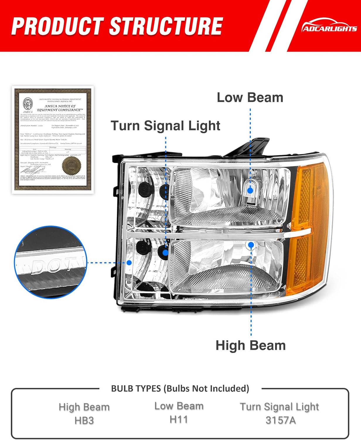 Headlight Assembly compatible with 07-13 GMC Sierra 1500/07-14 GMC Sierra 2500HD 3500HD for 2007-2014 Sierra Headlamp Chrome Housing Headlamp Replacement Driver and Passenger Sides（W/O Bulbs）