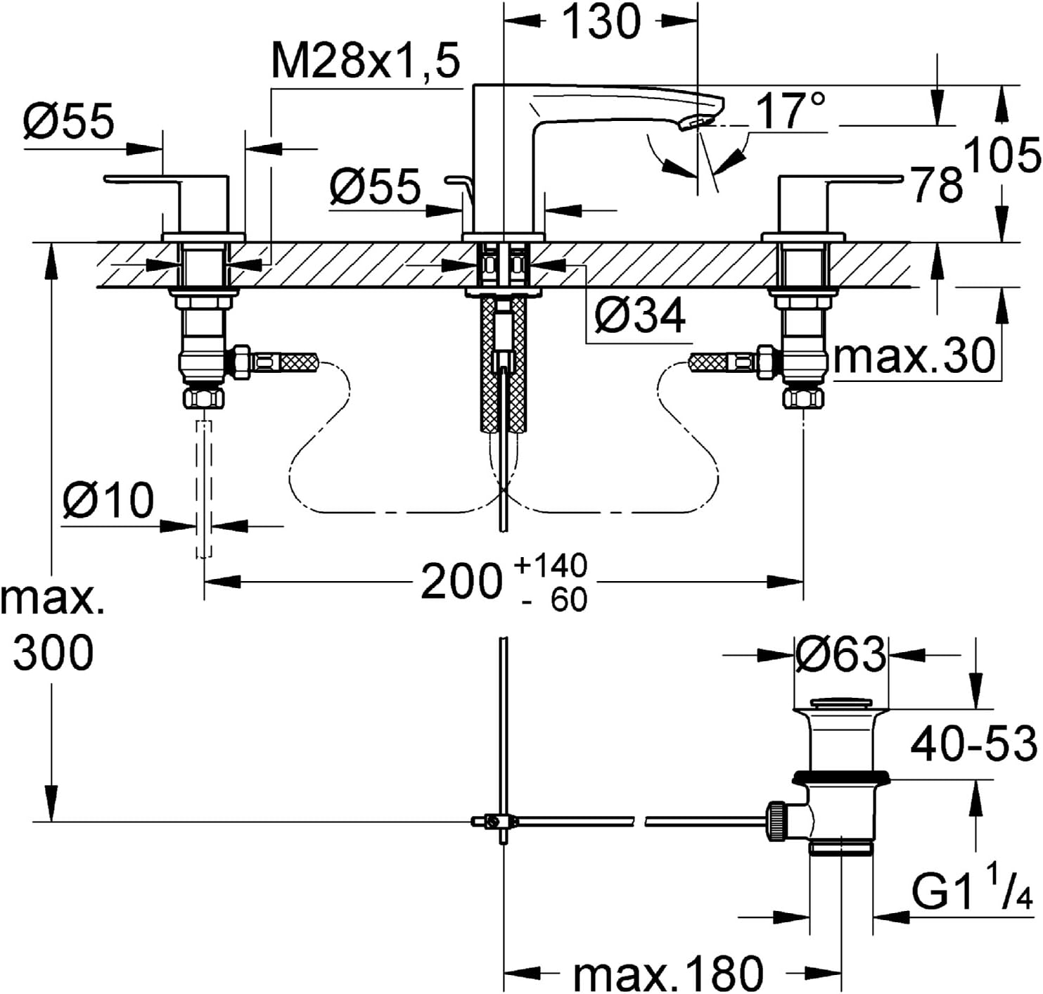 GROHE 20208002 Eurostyle Cosmopolitan 2HDL 3 Hole Basin