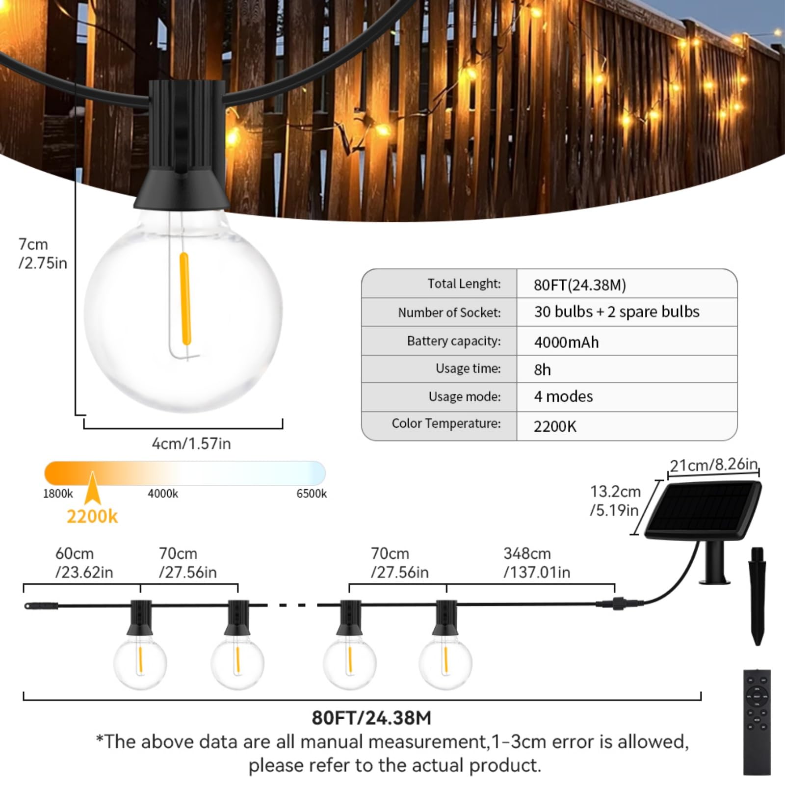 AVANLO Stringa di luci solari con telecomando, 24 m, luci da giardino con 30+2 lampadine, per matrimoni, patio, bar, feste interne ed esterne